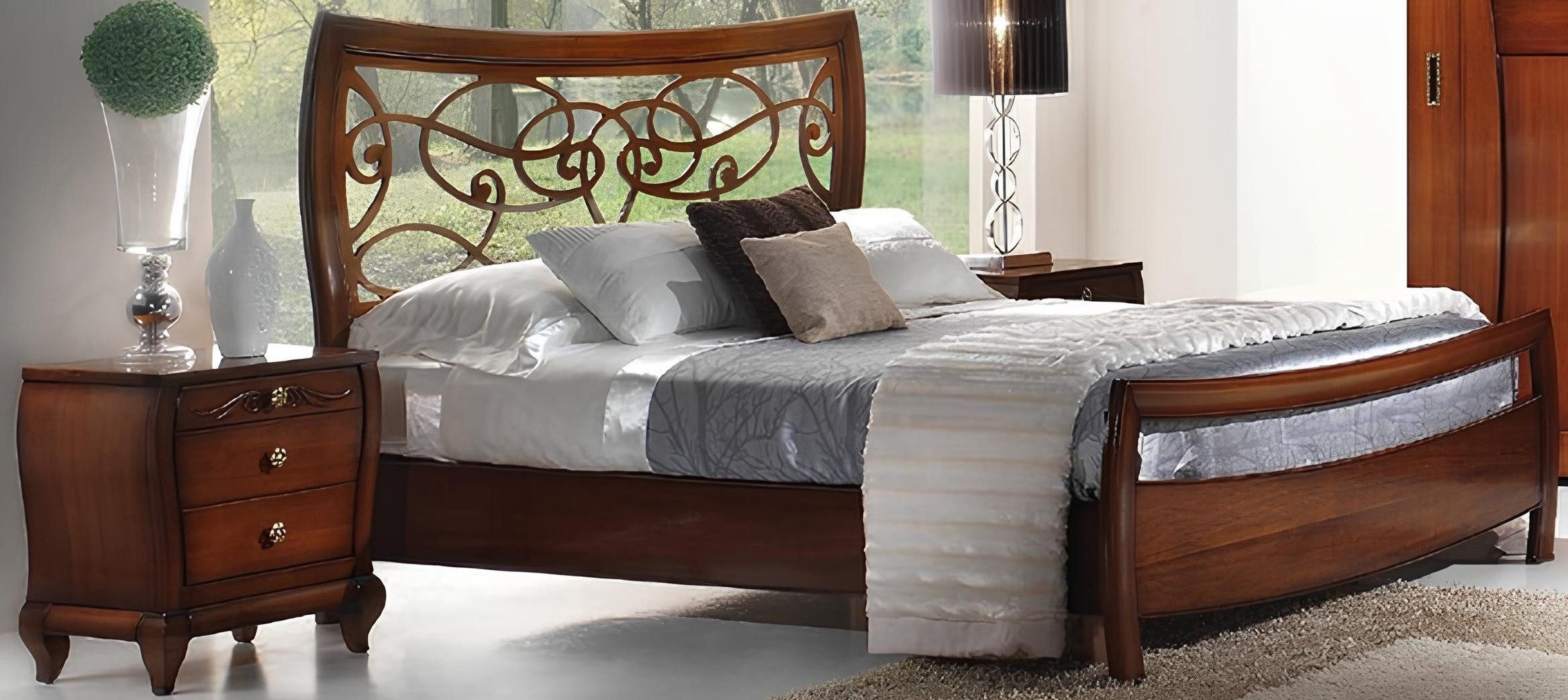 JVmoebel Schlafzimmer-Set Holz Betten Set im Art Deco-Stil mit Nachttischen in Braun, (Set, 3-tlg., Bett), Made in Italy