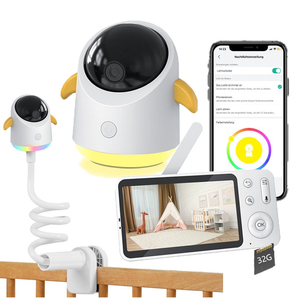 Video-Babyphone 2K/3MP Babyphone mit Kamera und App 5 Zoll Video Babyphone mit Halter