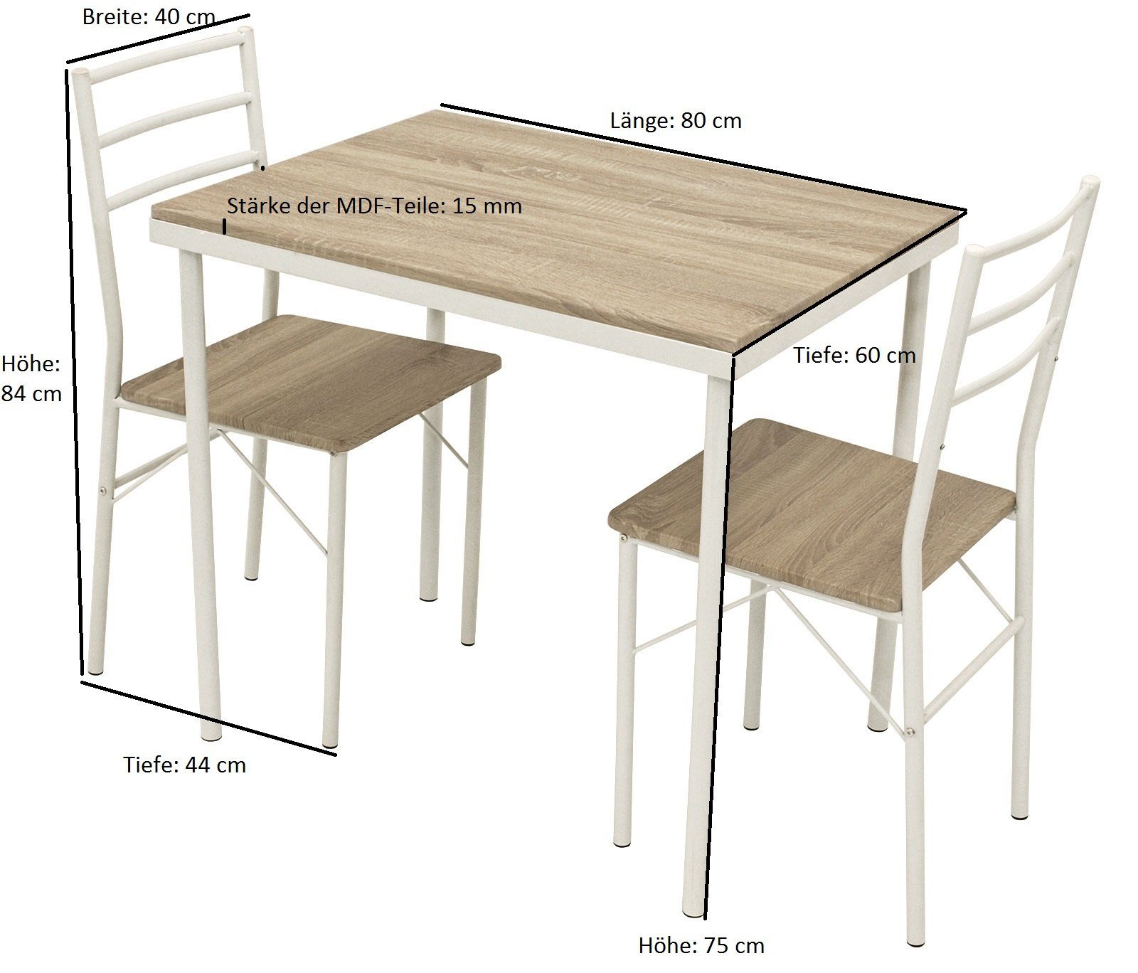 DEGAMO Essgruppe KÖLN, (3-tlg), (2x Stuhl, 1x Esstisch), Gestell Stahlrohr  weiß beschichtet, Tischplatte und Sitzflächen in Sonoma Oak (Eiche) Dekor