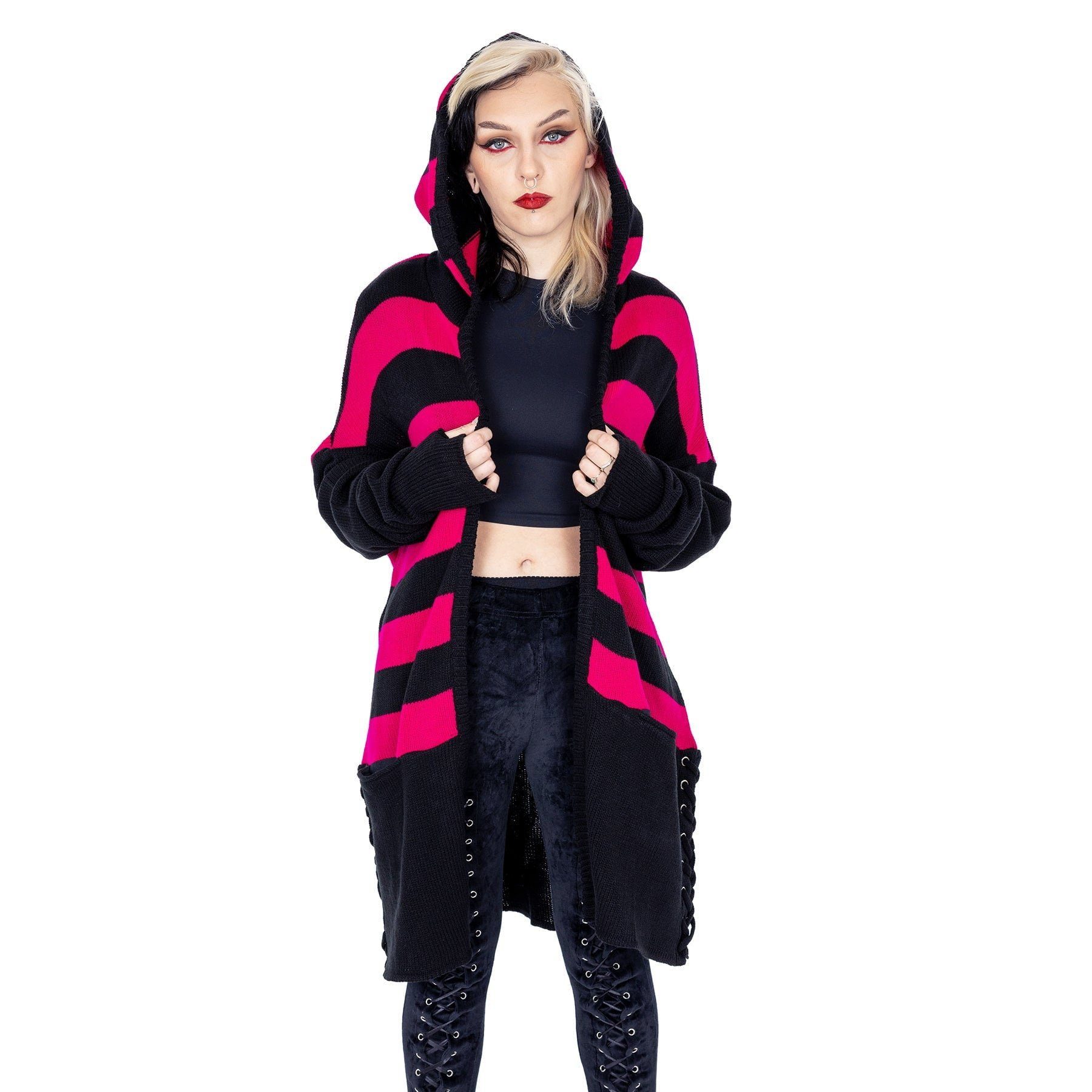 Heartless Strickjacke Willa Cardigan Pink Schwarz Gestreift Grunge Punk Streifen