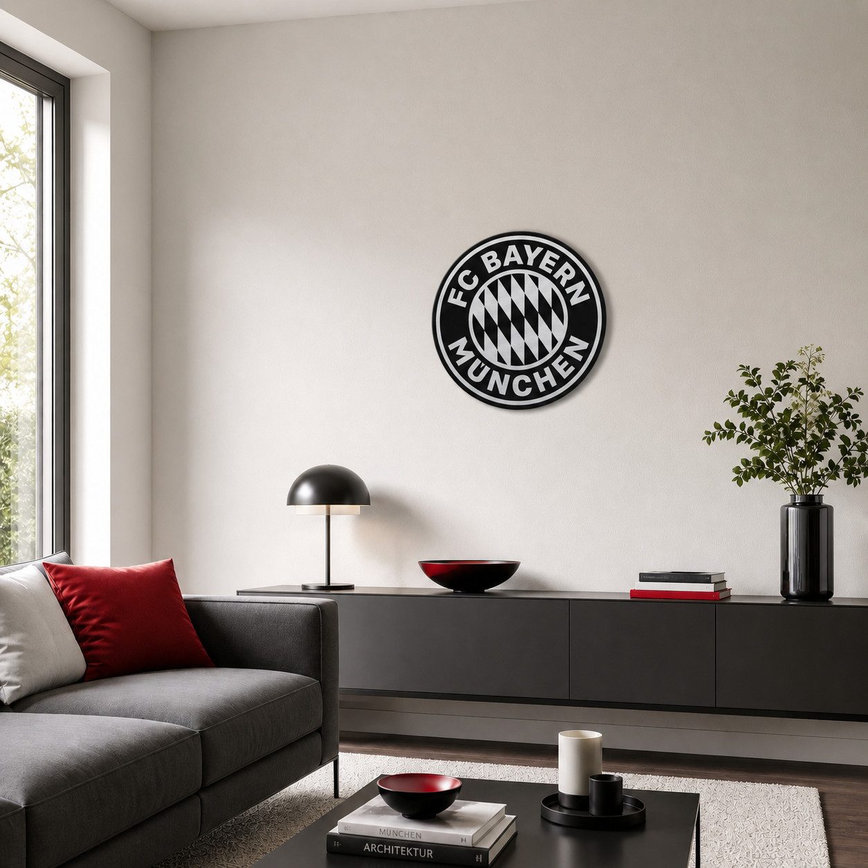 K&L Wall Art Alu-Dibond-Druck FC Bayern München Logo auf Metall Fußball Wandbild FCB, FCB Wanddeko Kinderzimmer, FC Bayern München Metallschild silber-schwarz