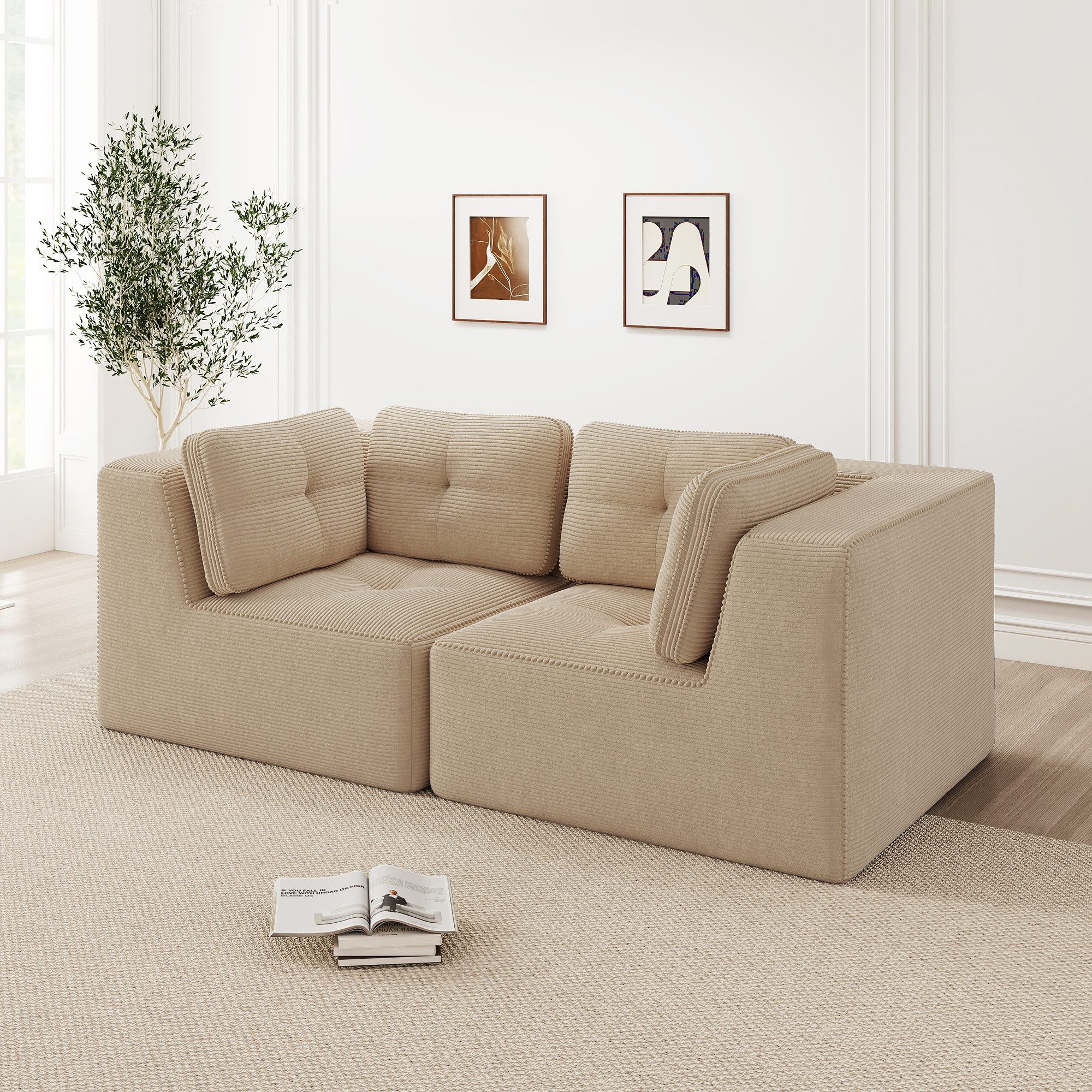 STILVORA Ecksofa Modulares und konfigurierbares Zweisitzer-Sofa für Schlafzimmer Beige, Komprimiertes Sofa, hochdichte 32D-Schaumstoff,74 cm tiefe Sitzfläche, kratzfeste und pflegeleichte Material,für Büro,Wohnzimmer,Schalfzimmer