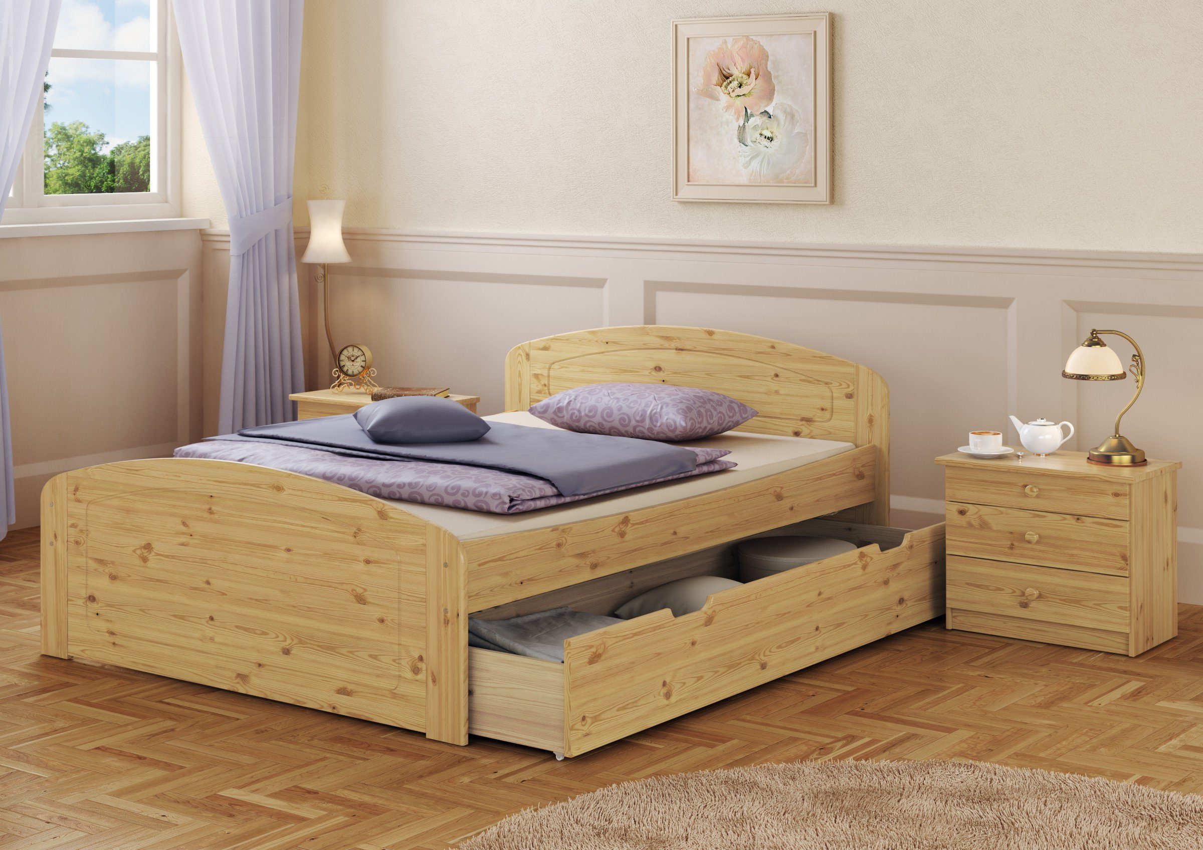 ERST-HOLZ lackiert mit Rost Kiefer + Staukästen, Funktionsbett 3 160x200 Kieferfarblos Bett massiv