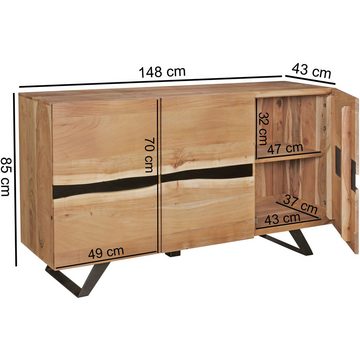 FINEBUY Sideboard FB46388 (148x85x43 cm Massivholz Akazie Baumkante Anrichte), Kommode mit 3 Türen, Standschrank Flurschrank