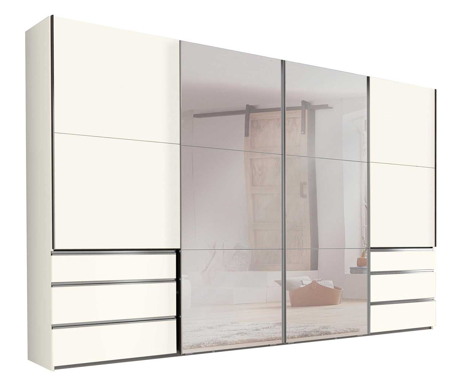 Wimex Schwebetürenschrank Level (mit Schwebetüren, Holzböden, Kleiderstangen, 1-St., mit Spiegel, Synchronöffnung, Metallgriffleisten) 300x65x236cm weiß mit Spiegel und 6 Schubladen