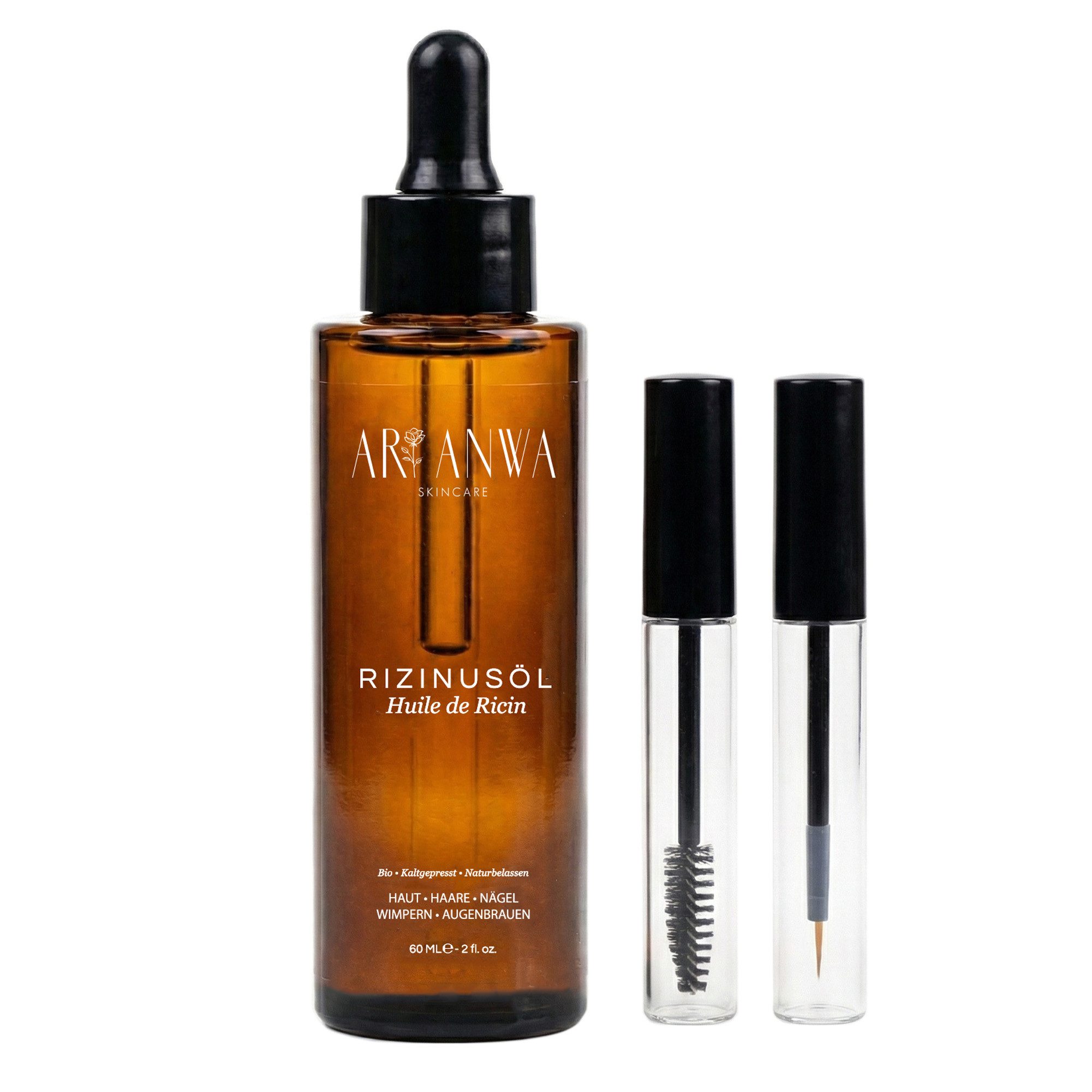 ARI ANWA Skincare Gesichtsöl Reines Bio Rizinusöl - Inkl. Wimpern- & Augenbrauenbürste, Bio, Kaltgepresst, Inkl. Lash & Brow Kit + Präzisionsbürste & Pipette