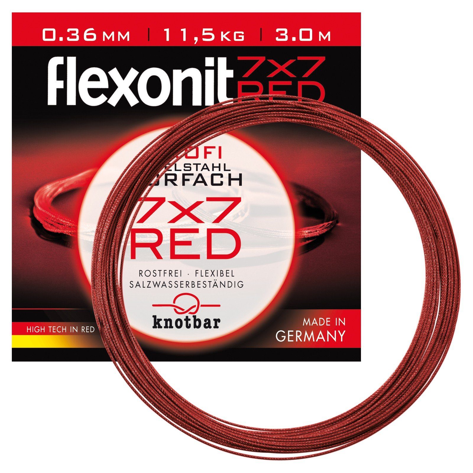 flexonit Vorfachschnur, 3 m Länge, Meterware flexonit 0,36mm Red 7x7 Länge 3m Stahlvorfach