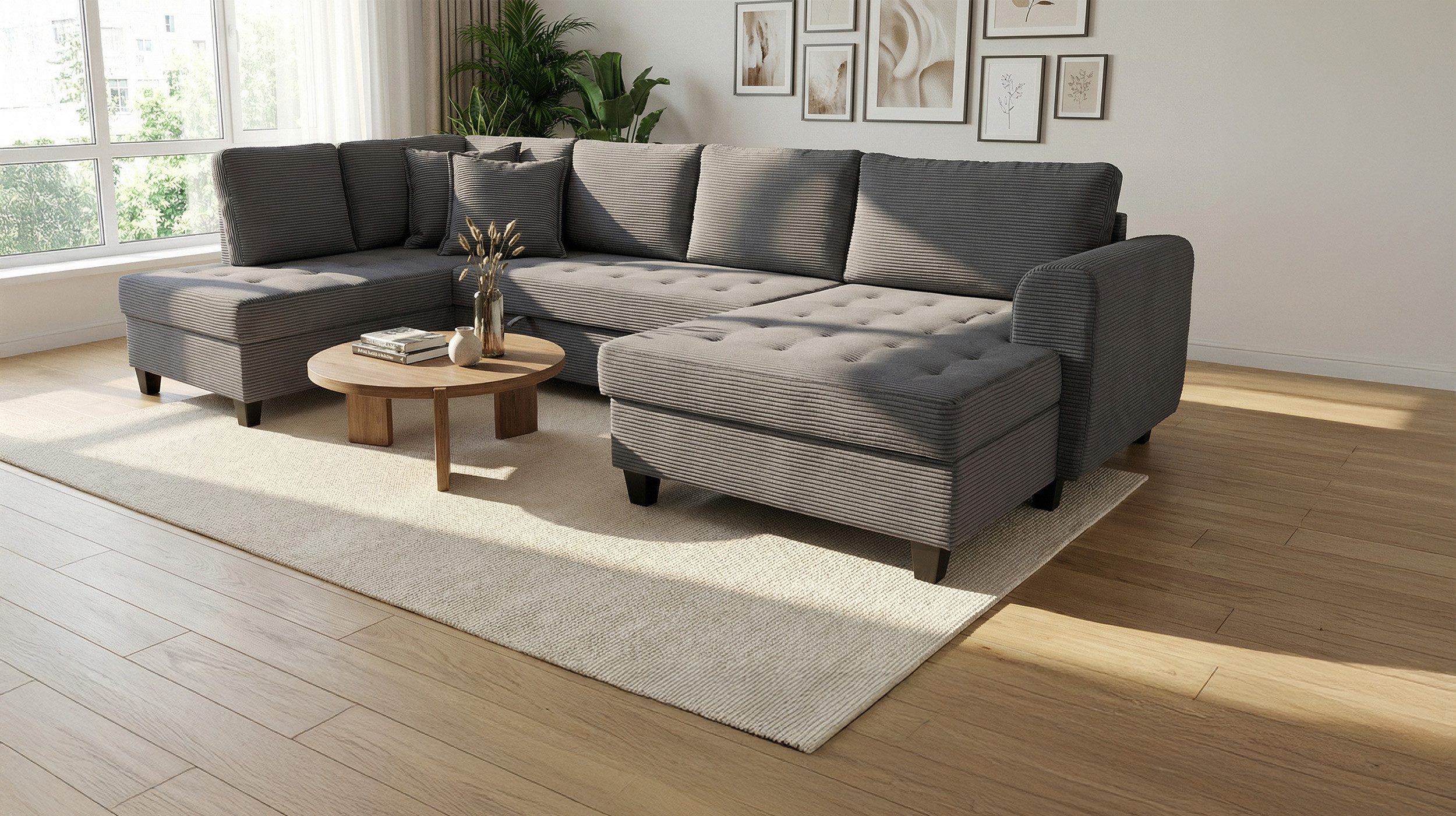 Massivart® Wohnlandschaft Cord grau 324 cm / Schlaffunktion & Bettfunktion / MANDALIA, Nosagunterfederung · frei im Raum stellbar · inkl. 8 Kissen – Bild 3 von 5