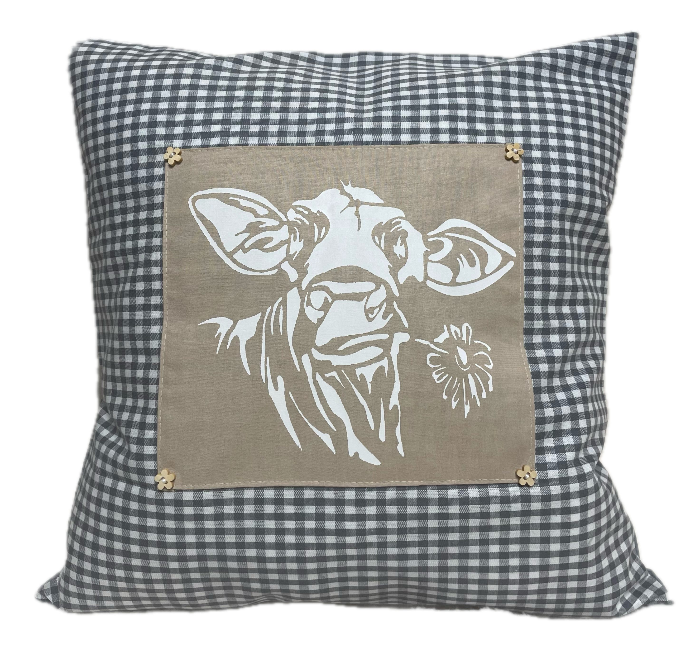 Ammerkind Dekokissen Landhausstil Kissenhülle *Kuh* grau/beige kariert, Kissenhülle ohne Füllung, 100% Handarbeit