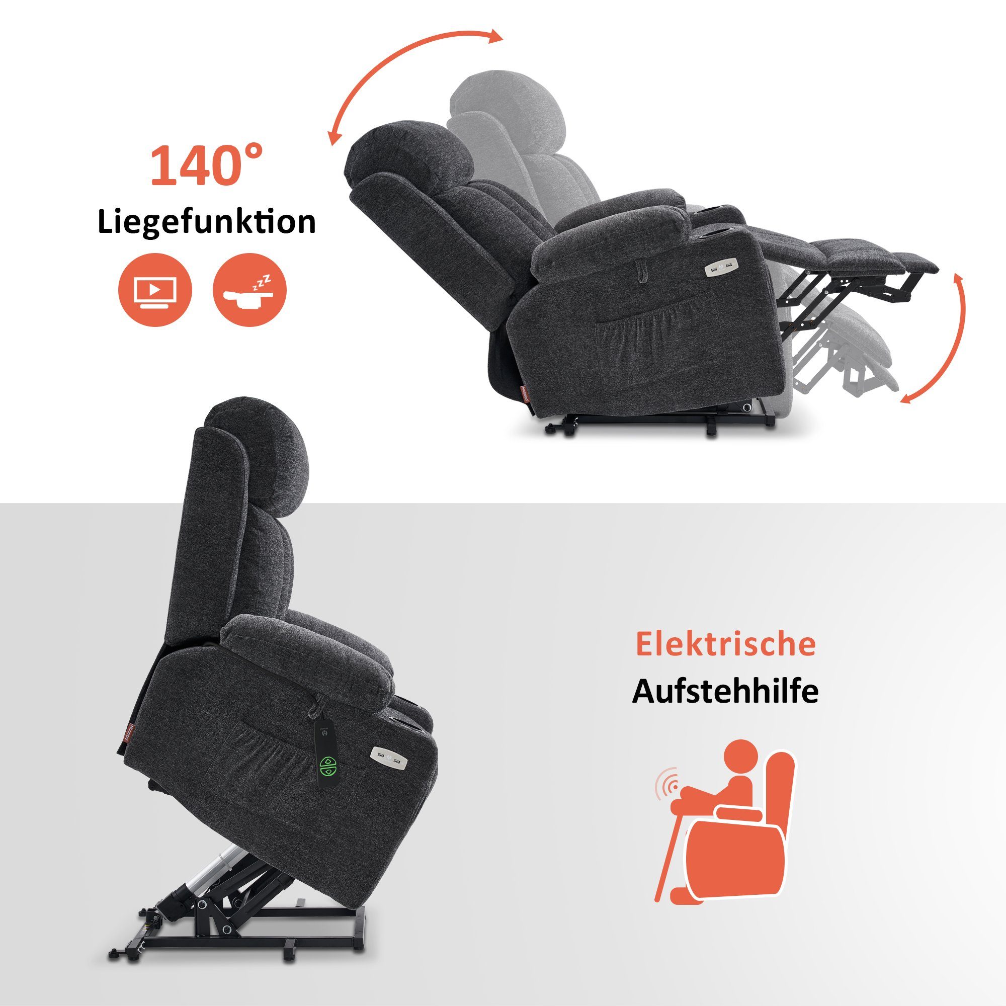 MCombo Relaxsessel MCombo elektrische Aufstehhilfe Fernsehsessel Relaxsessel 7190, motorisch verstellbar, Leder, Schwarz, 100 x 86 x 112 cm – Bild 3 von 5