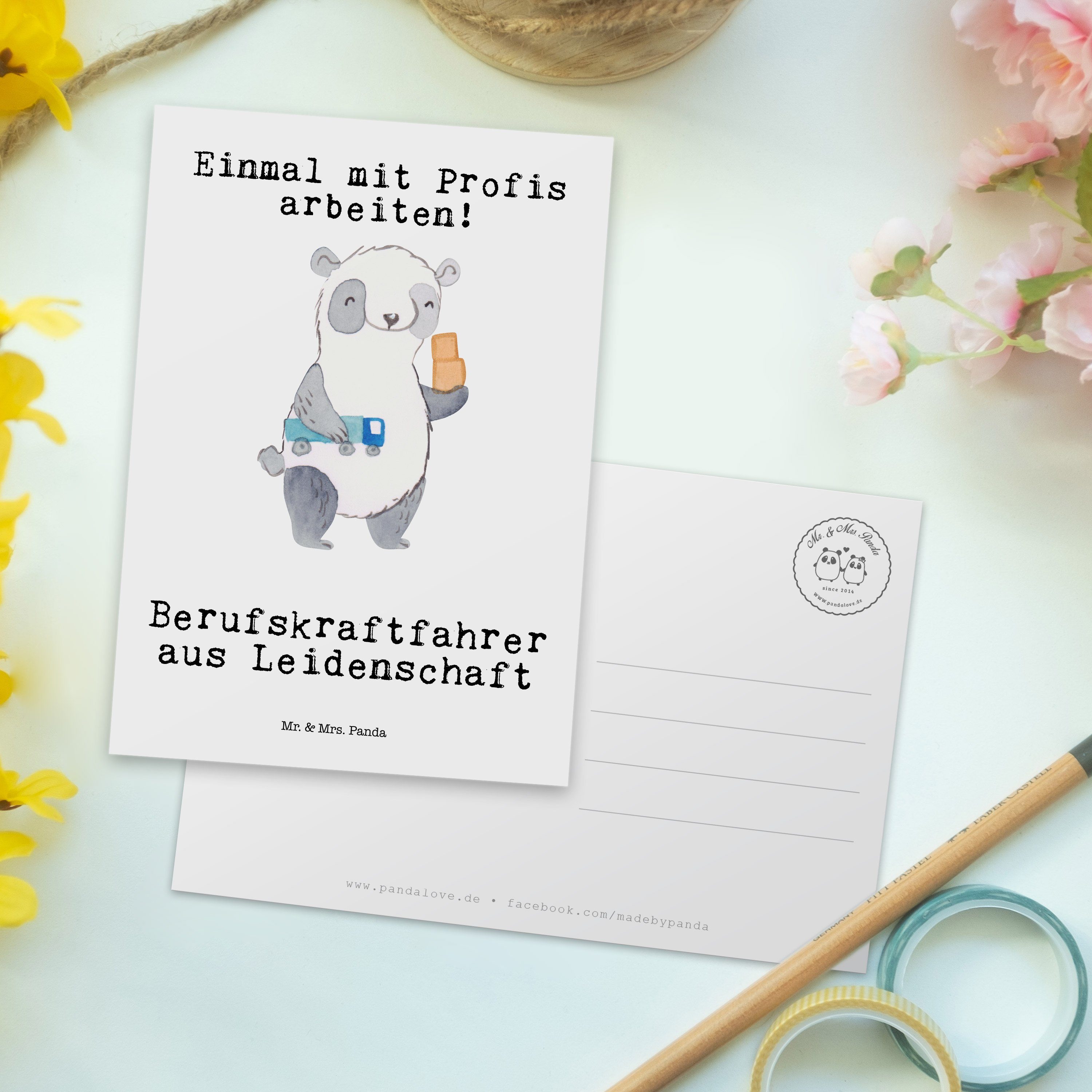 Berufskraftfahrer Postkarte Leidenschaft Panda - Mr. Weiß aus Grußkarte, Geschenk, - Einl Mrs. &
