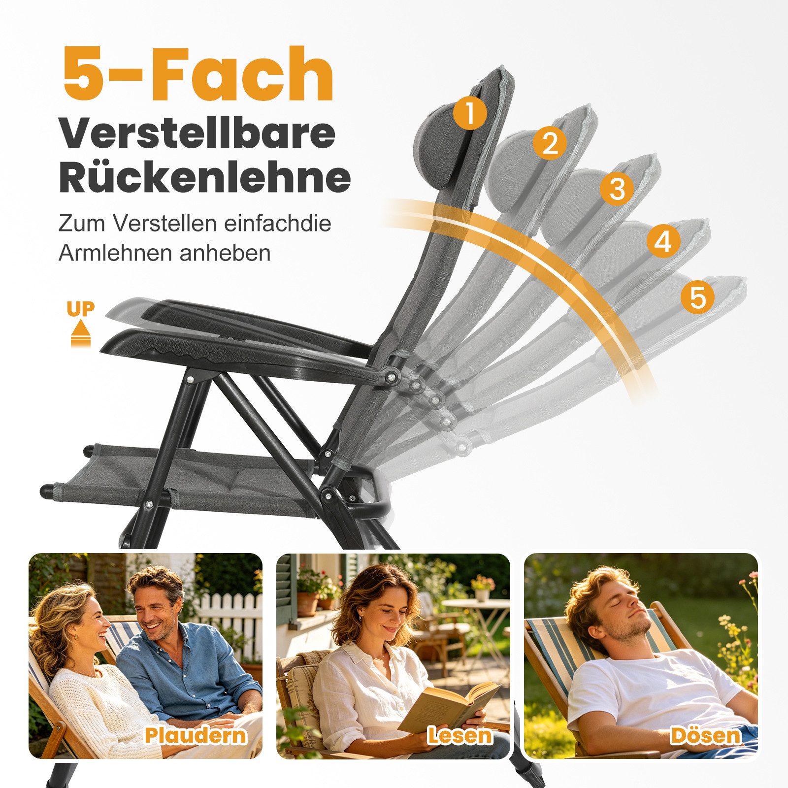 HOMECALL Campingstuhl Gartenstuhl Anglerstuhl Faltsessel Klappstuhl für Wohnwagen Outdoors (UV++ Olefin-Stoff, 1 St), 5 fach Verstellbarer Rückenlehne, Hochlehn – Bild 5 von 5