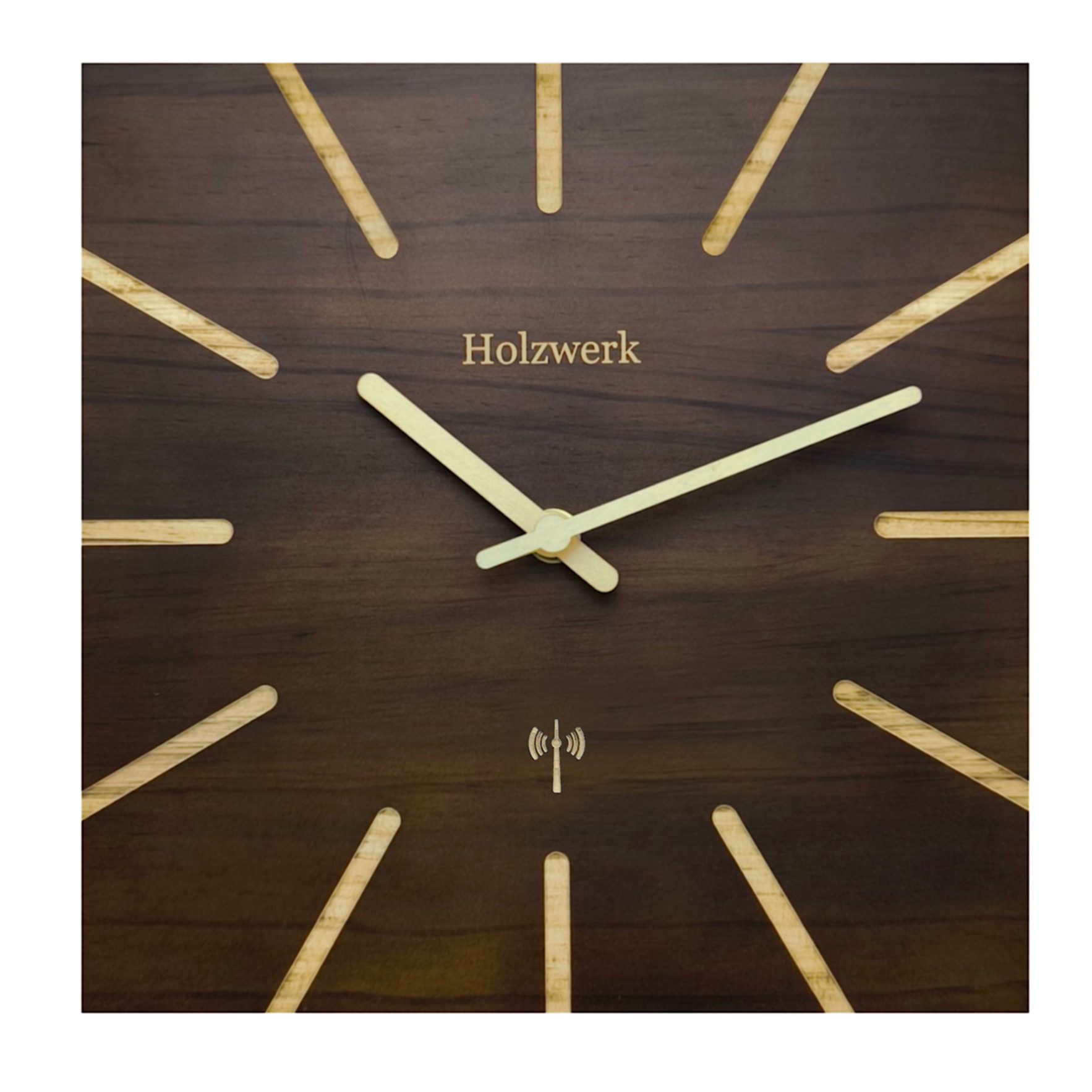 Holzwerk Funkwanduhr Eckige Designer Loft Funk Holz Wand Uhr (Nahezu lautloses Uhrwerk, analog, 25 cm)