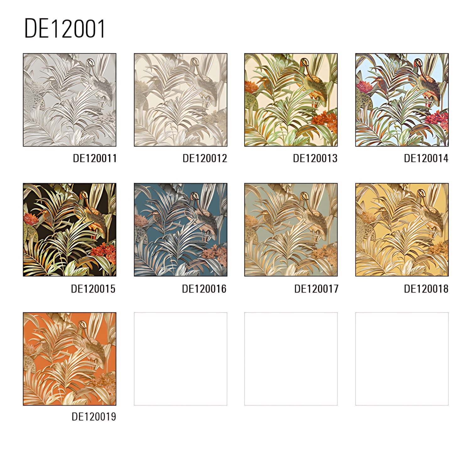 Profhome Prägetapete, glänzend, Vögel, tropisch, botanisch, (1 Musterblatt, ca. A5-A4), orange, kupfer, gold, creme-weiß