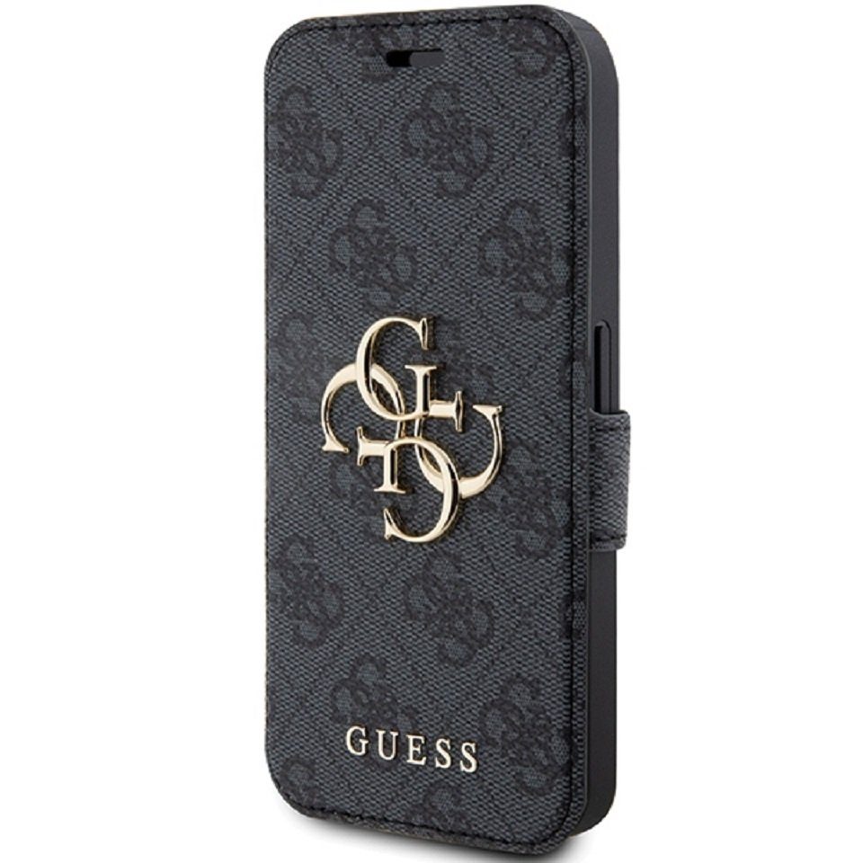 Guess Handyhülle Bookcase Cover iPhone 15 Pro grau Logo goldfarben aufstellbar 6,1 Zoll, Kartenfächer