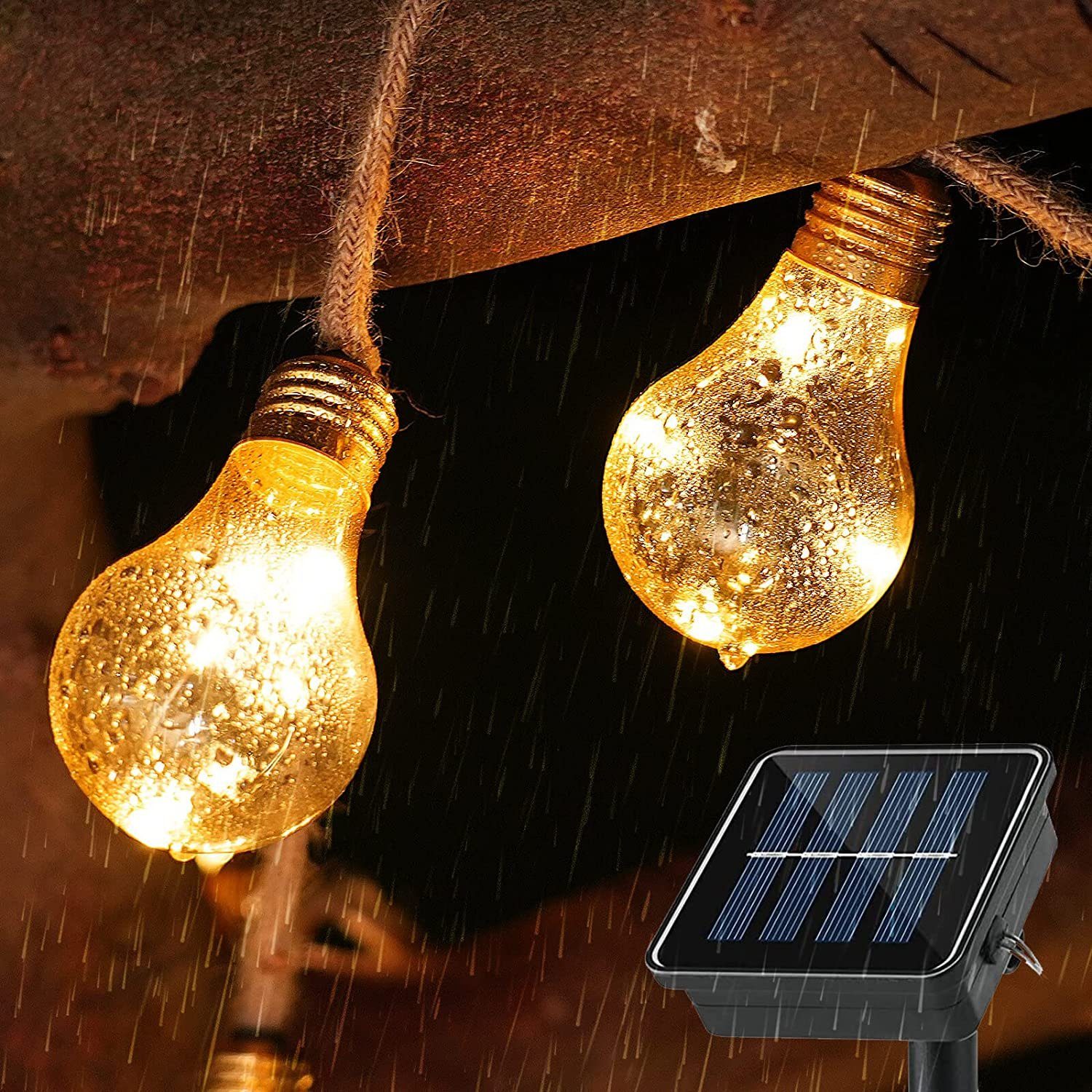Aoucheni LED Gartenleuchte LED Solar Lichterkette Glühbirnen Außen 8m, Tageslichtweiß, Mit USB-/Solar-Lademethode, 8 Beleuchtungsmodi, 4 Zeiteinstellungen, IP65 wasserdicht | Kinderlampen