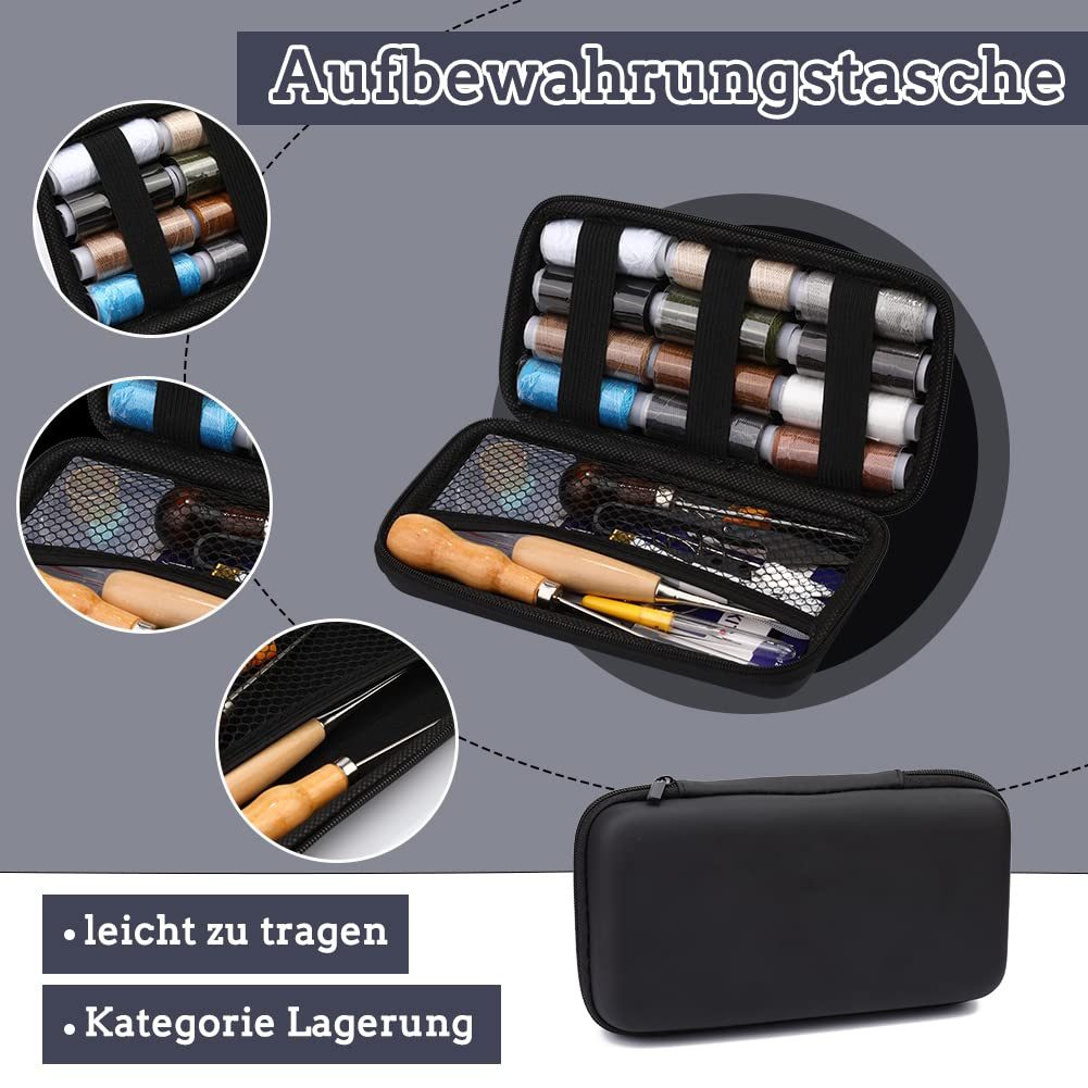 FOUORTUNATE-BEE Nähkästchen Leder Nähset 48tlg – Handnähwerkzeug für Reparaturen, Nähset mit Nadeln, Ahle & Garn für Leder & Polster – Bild 4 von 5