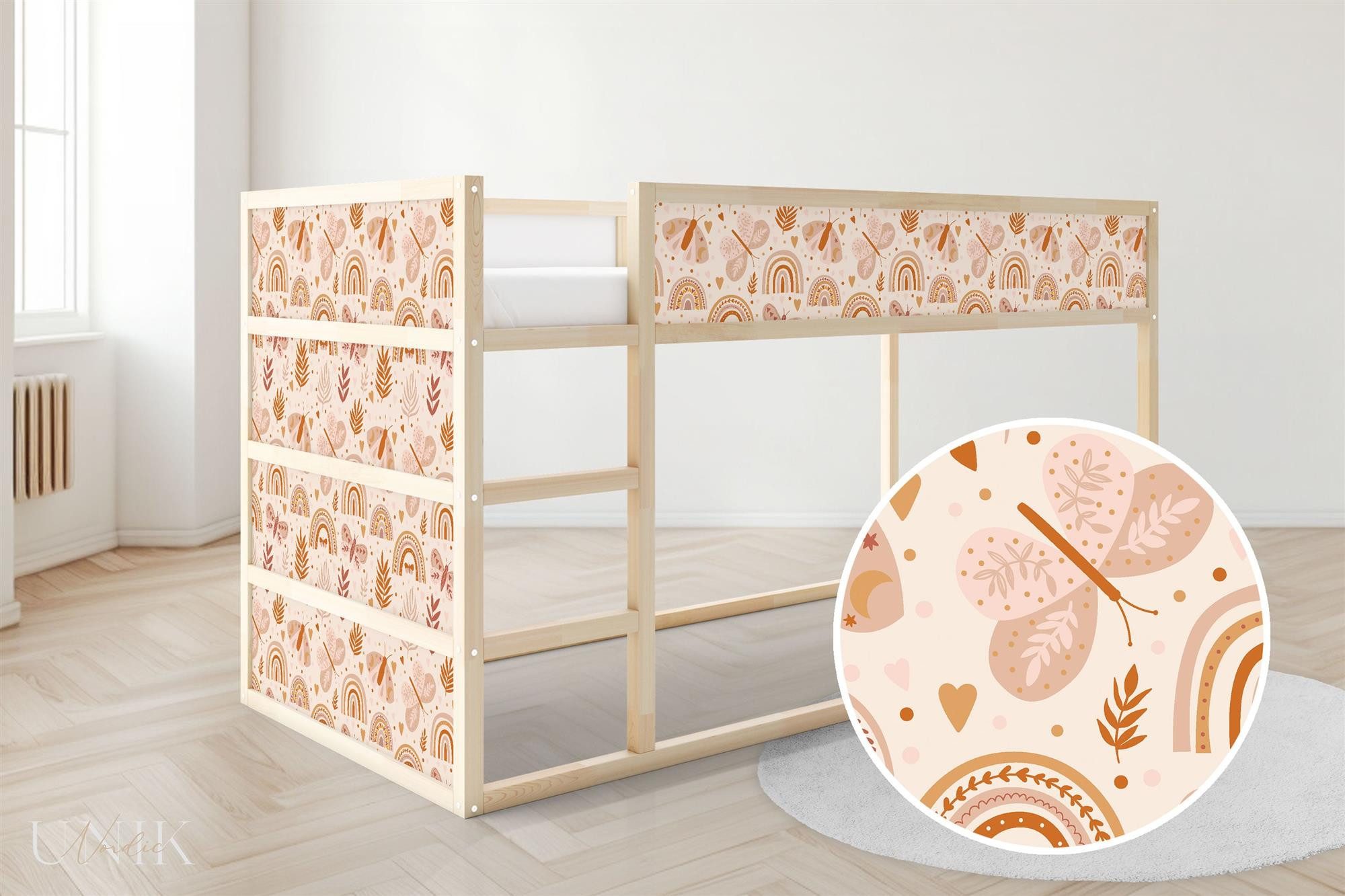 Unik Nordic Möbelfolie IKEA Kura Bett­aufkleber Set - Boho Muster, (Set, 0St.}, Für die angebene Anzahl an Flächen zugeschnitten), selbstklebend, exakte Maße, wiederablösbar