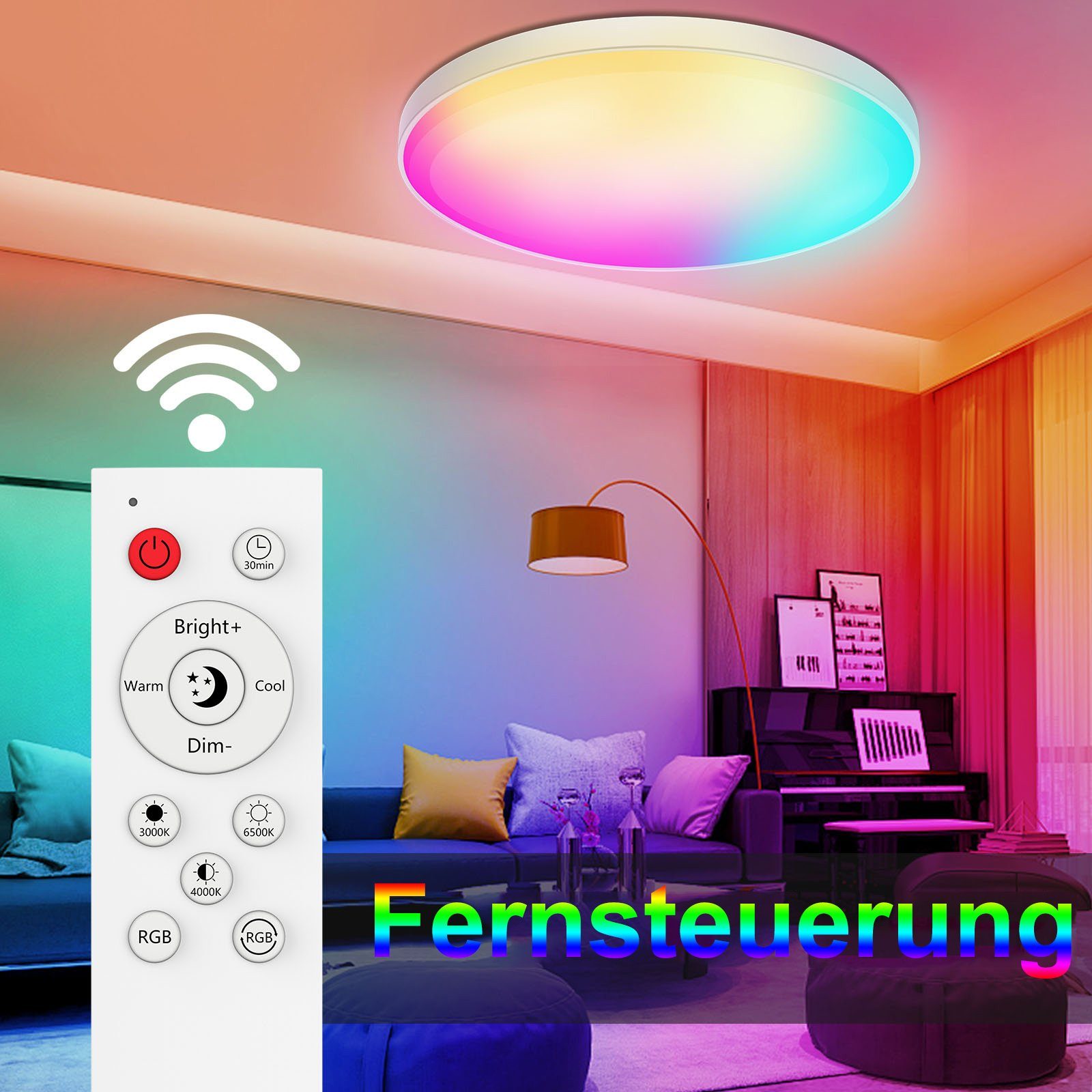Deckenleuchte, RGB+CCT, Timer, 48/30W, Wohnzimmer, WiFi, LEDs, Schlafzimmer LED Rosnek Umgebungslicht Intelligente Deckenleuchte Unterputzmontage, 30W, für RGB+CCT,