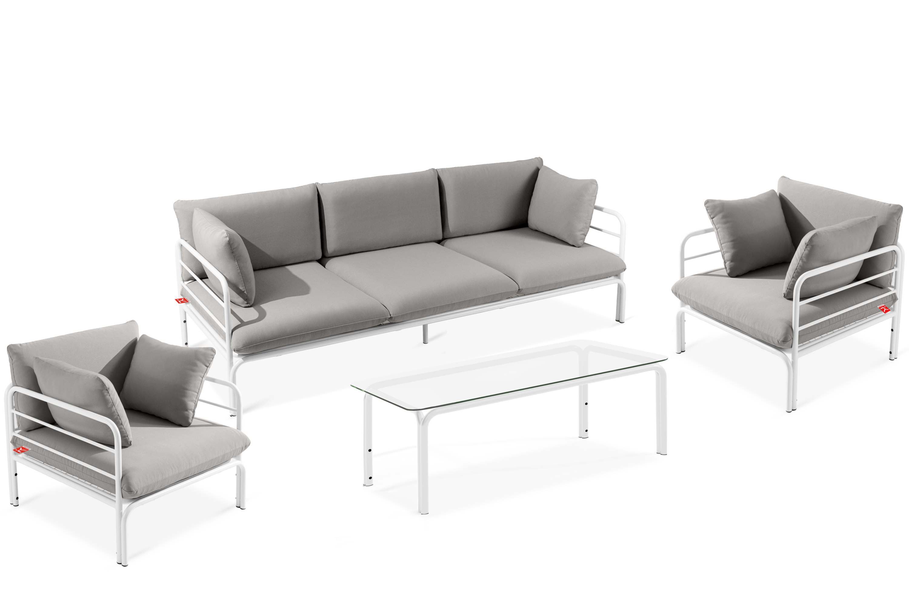 KONSIMO® Gartenlounge-Set RAMBE Gartenmöbelset, hergestellt in der EU, (4-tlg., 1x Tisch, 2x Sessel, 1x Sofa 3-Sitzer, Gewicht des Sets ca. 87 kg), handgefertigt, Loft, mit Auflage, Stahlrahmen
