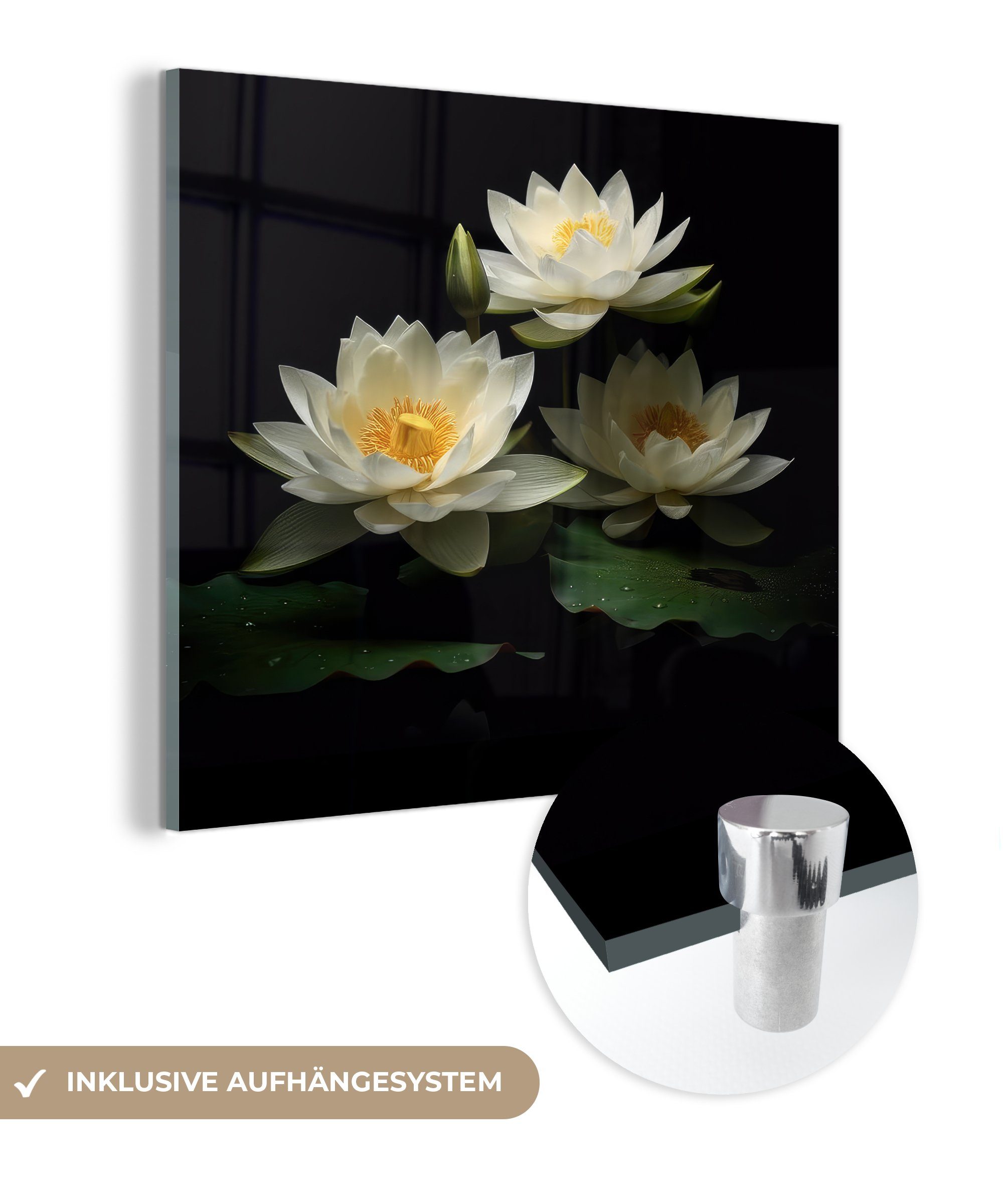 MuchoWow Acrylglasbild Lotus - Blumen - Weiß - Natur - Schwarz, (1 St), Glasbilder - Bilder auf Glas Wandbild - Foto auf Glas - Wanddekoration