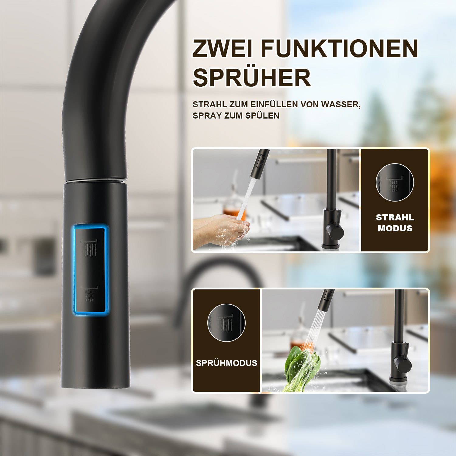 LETGOSPT Küchenarmatur Edelstahl Hochdruckhahn Wasserhahn Schwenkbarer Düse Gerade 360°