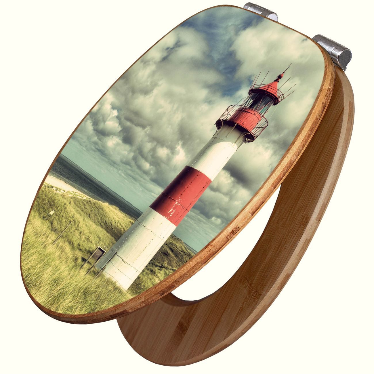 banjado WC-Sitz aus Bambus mit Absenkautomatik Motiv Leuchtturm Sylt (umweltfreundliches Material, integrierte Absenkautomatik), 45,8 x 37,5 x 5 cm