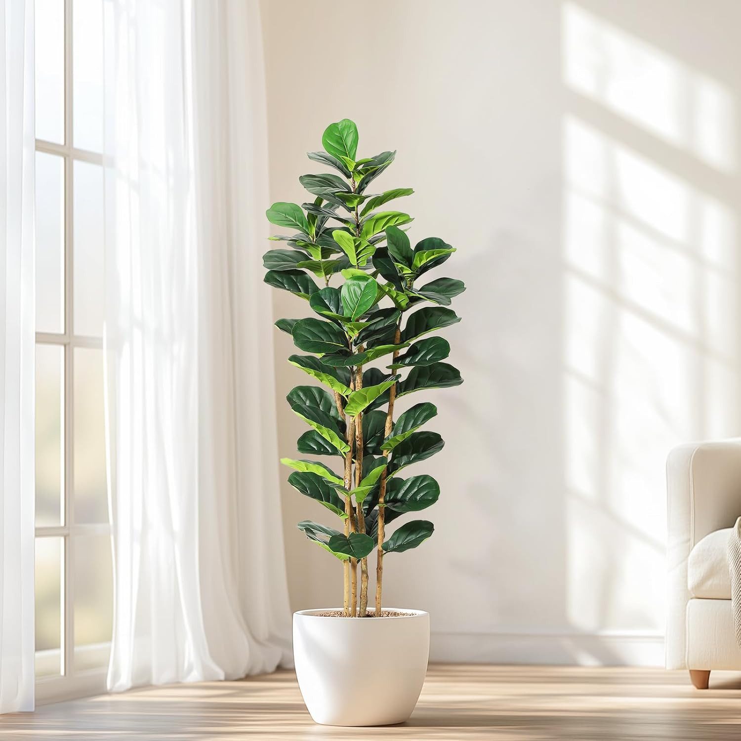 GarveeMore Kübelpflanzen Faux Fiddle Leaf Feigenbaum mit weißem Topf,Faux Bäume mit künstlichen
