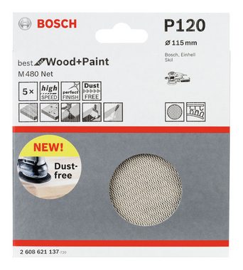 BOSCH Schleifpapier, (5 Stück), M480 Net Best for Wood and Paint Schleifblatt K120 - 115 mm - 5er-Pack