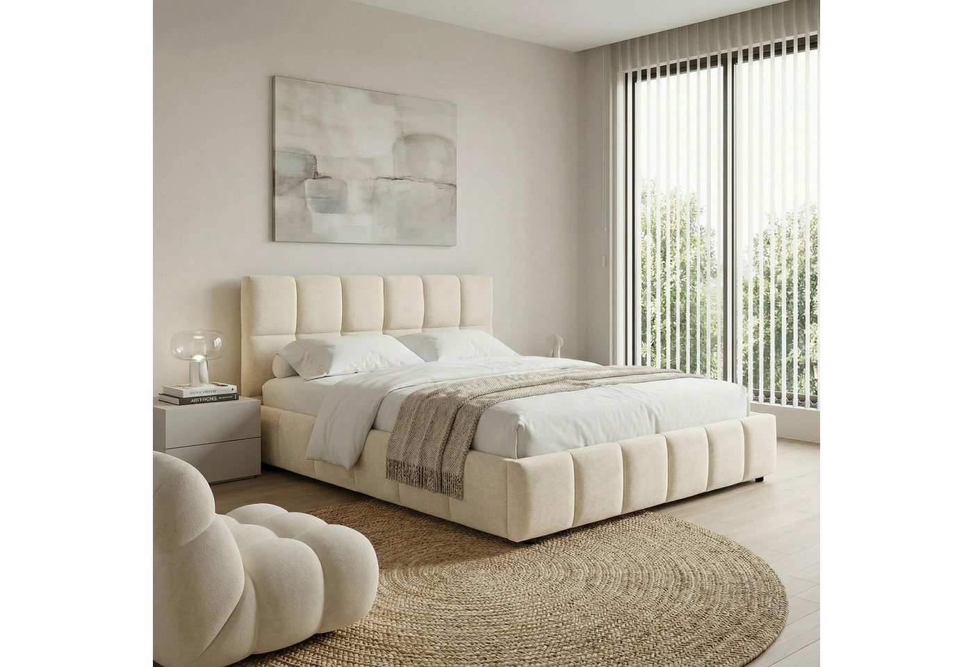 IDIMEX Polsterbett EMILIA, 140x200 cm mit Lattenrost und gepolsterter Steppung Webstoff Cremeweiß