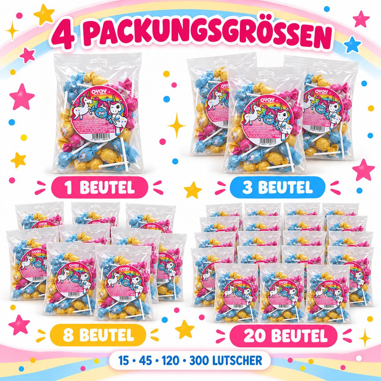 OYOY Süßigkeit OYOY Einhorn-Lutscher mit 3 Sorten – 15 Stück, 150 g, 1 x 150 g, 15 St. (1 Beutel mit 15 Lutschern), für Einhornpartys