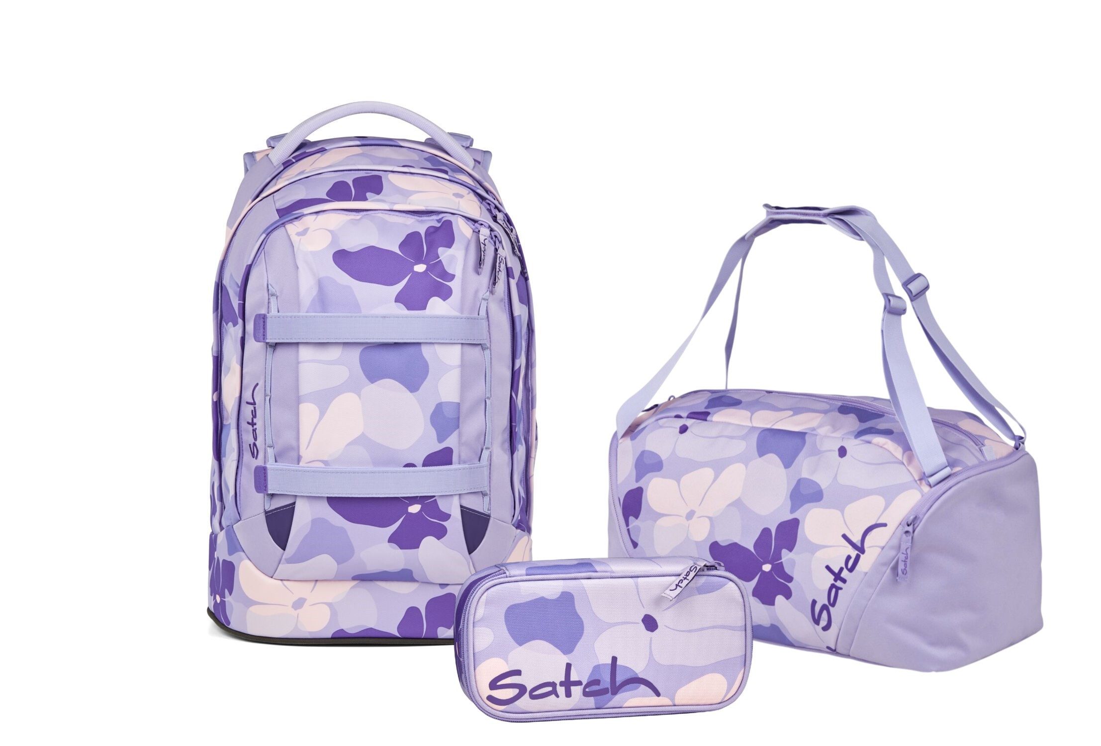 Satch Schulranzen Schulrucksack-Set PACK Lilac Blossom 3-teilig (3-teilig), ergonomisch, Your-Size-System: auf Körpergröße anpassbar