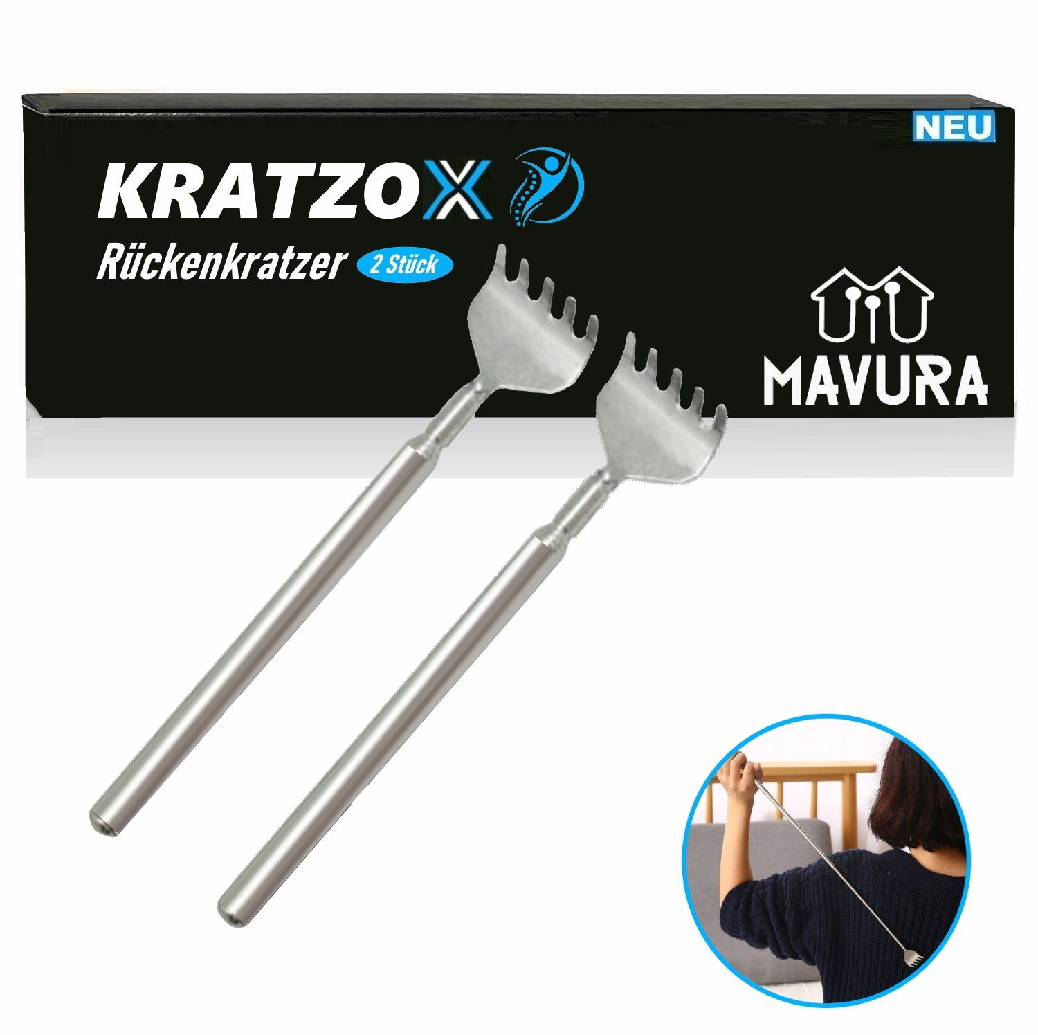 MAVURA Massagebürste KRATZOX Rückenkratzer hochwertiger Edelstahl Teleskop Kratzhand, Kratzhilfe Kratzstock Rückenmassage ausziehbar bis 68cm [2er Set]