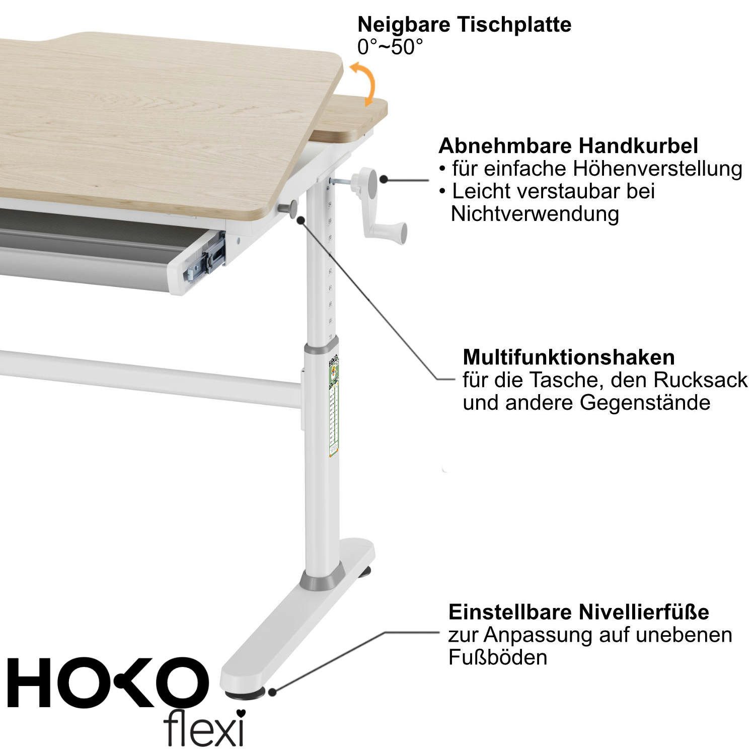 HOKO Kinderschreibtisch höhenverstellbar für Kinder ab 6 Jahren (Kinderschreibtisch-Stuhl-Set, 100x60 cm blendfreie Fläche, 100x40 cm neigbare Platte, mit Schublade), Stuhl 40–50 cm, 360° drehbar, ohne Rollen, Holzoptik/Grün, LUKA & LEVI