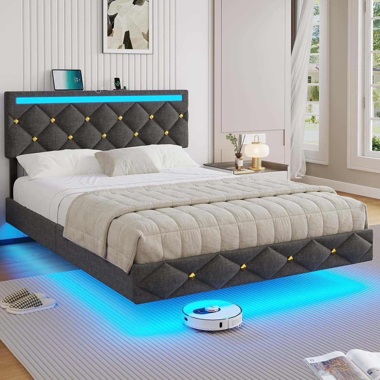 MSMASK Polsterbett mit USB-Aufladen und LED-Beleuchtung, Grauem Leinen (Ohn günstig online kaufen