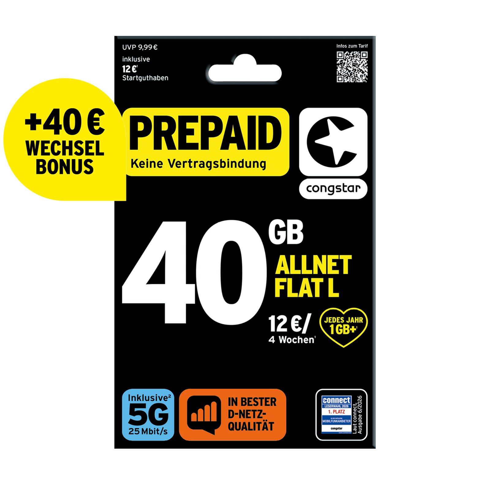 Congstar Prepaid ALLNET L SIM-Karte ohne Vertrag 5G mit 25 Mbit/s Prepaidkarte, (EU-Roaming inkl. CH, 12 € Startguthaben)