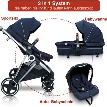 BabyGo Kombi-Kinderwagen Halime 3in1, Blue Silver, inklusive Babywanne, Babyschale, Regenhaube & Wickeltasche
