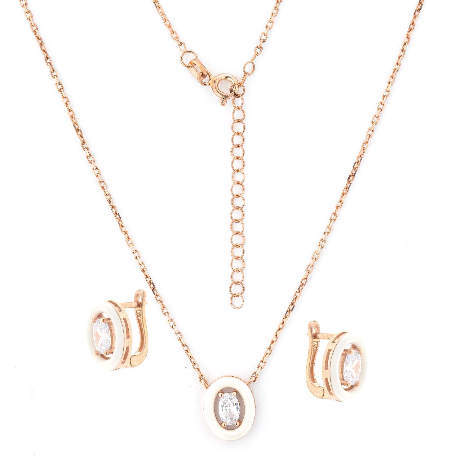 Golders Schmuckset Ohrringe + Collier aus 925 Silber, vergoldet (mit Zirkonia umrahmt in weißer oder schwarzer Emaille, 3-tlg), Elegante Halskette 45cm Kettenlänge Perfektes Schmuck Geschenk