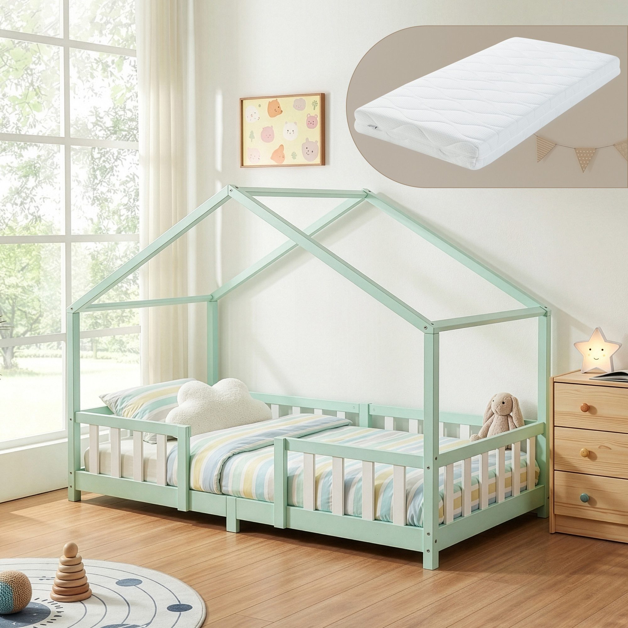 en.casa Kinderbett (Bett und Matratze), »Treviolo« mit Matratze Montessori Mint / Weiß 90x200 cm