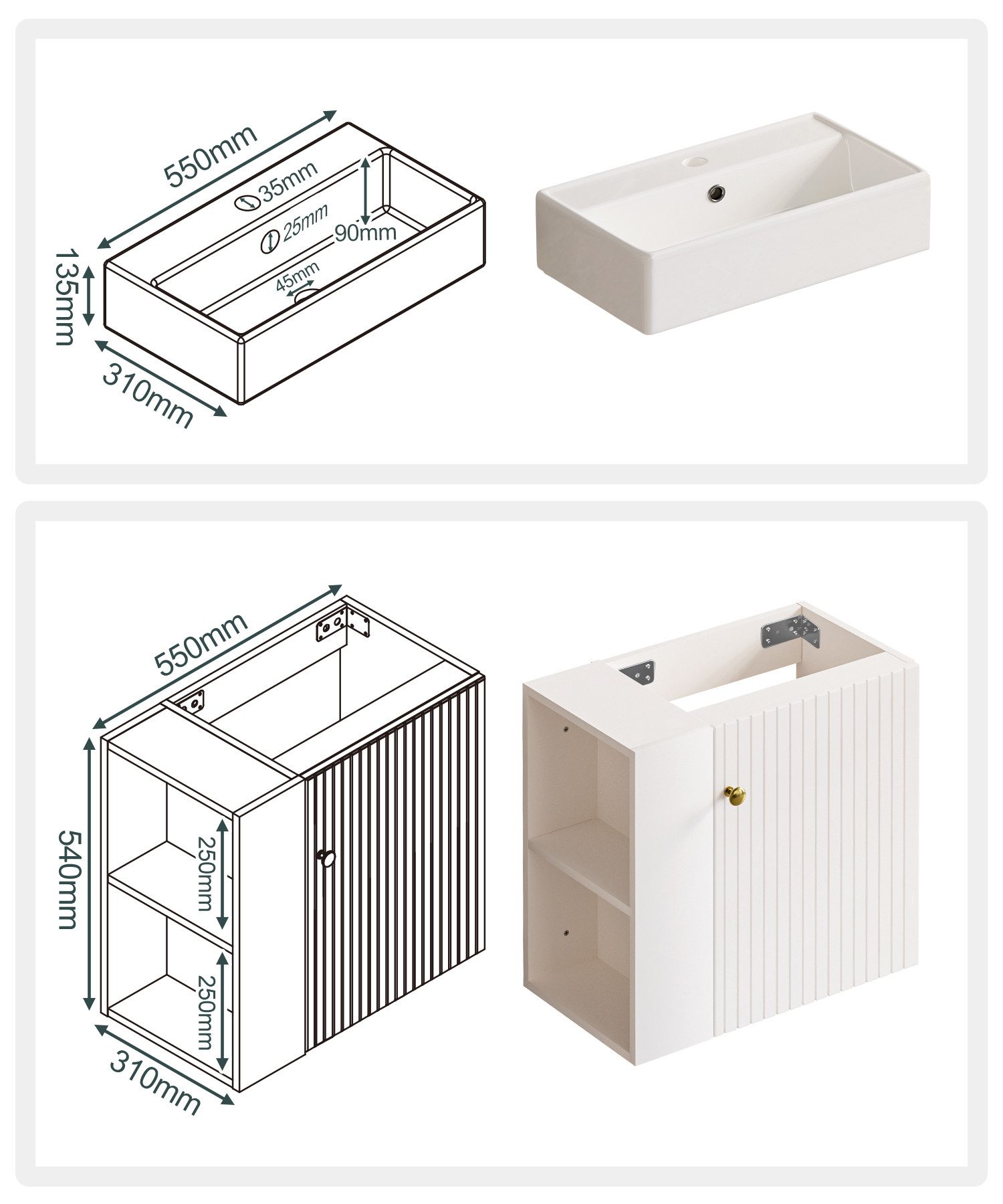 Yorbay Waschtisch Badmöbel Waschtischunterschrank (Breite 55 cm, Badschrank mit Waschbecken), Waschbecken mit Waschtisch für kleine Badezimmer – Bild 5 von 5