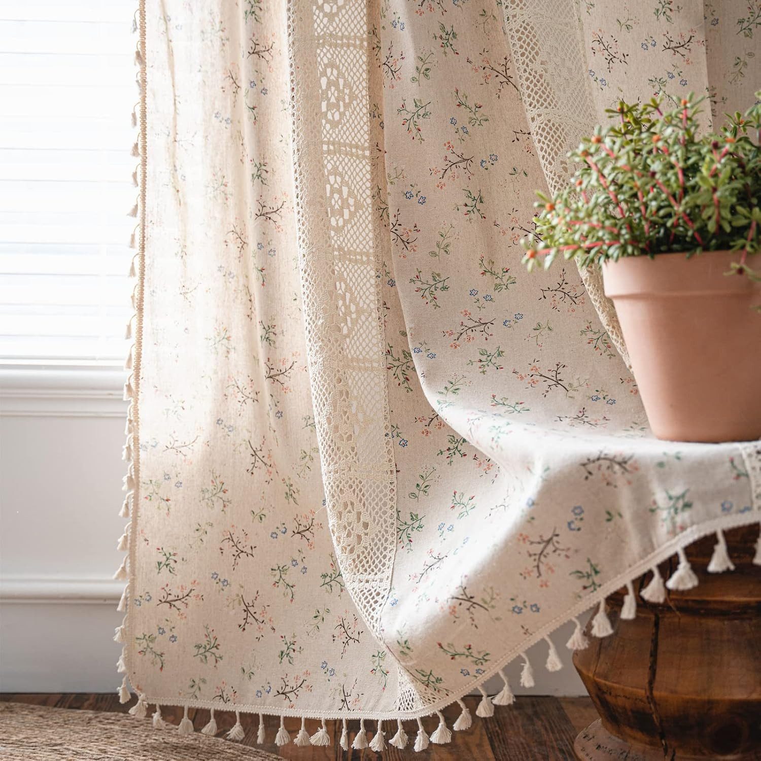 Zyronn Vorhang Blumenmuster Vorhänge, Vintage Fransen Vorhänge, Boho Stil Dekor Vorhänge