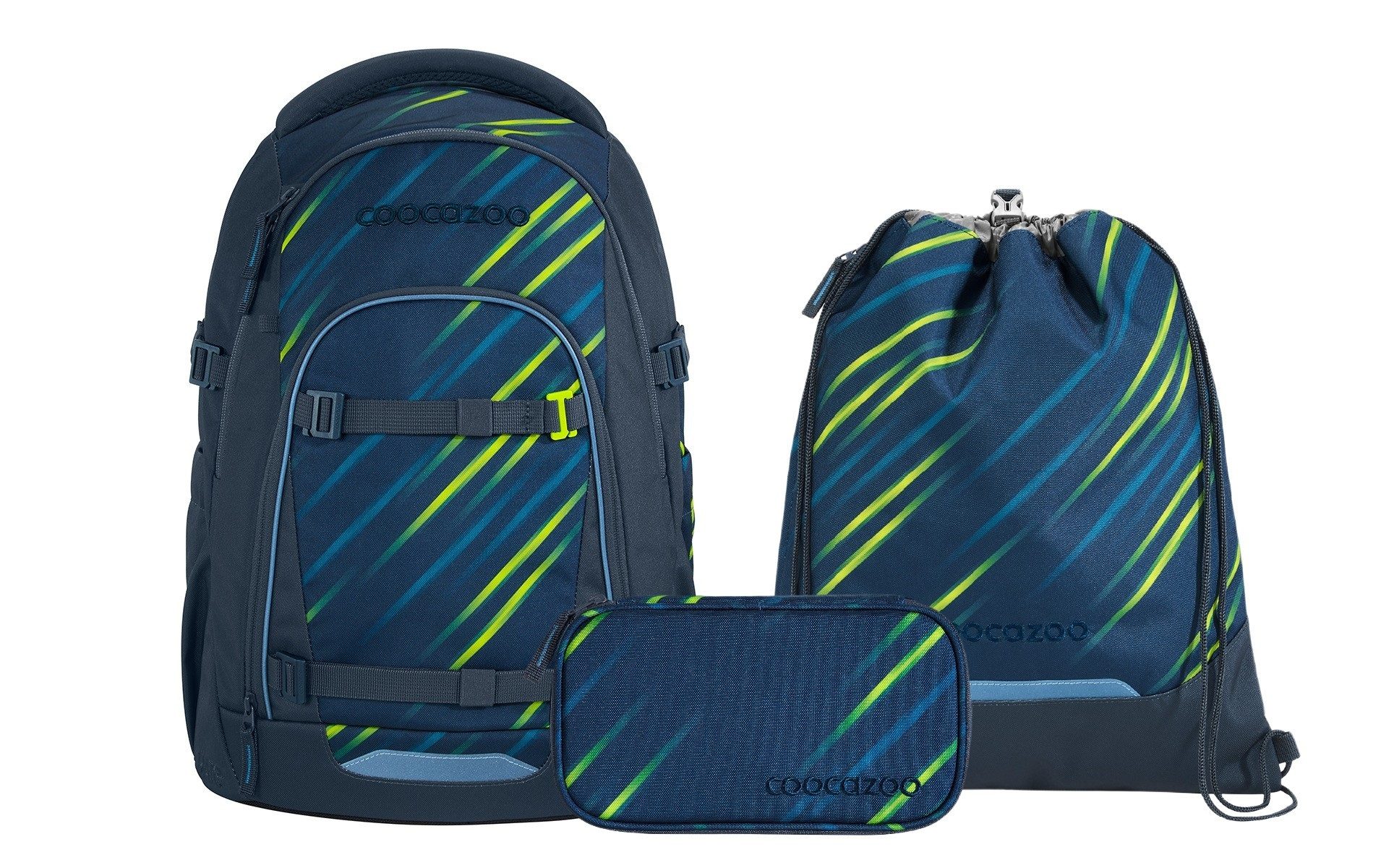 coocazoo Schulranzen Schulrucksack-Set MATE Fast Lime 3-teilig (3-teilig), ergonomisch, Körpergröße: 135 - 180 cm, Easy-Grow-System