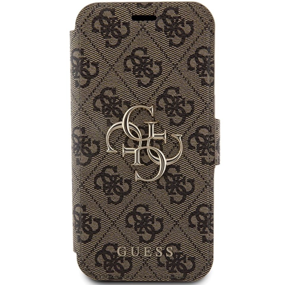 Guess Handyhülle Bookcase Cover iPhone 15 Pro Max braun Logo goldfarben 6,7 Zoll, Kantenschutz