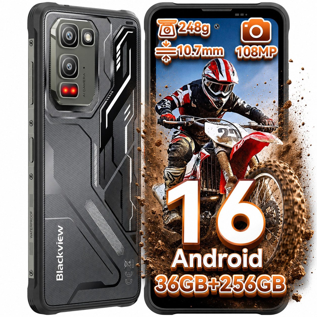 blackview Android 16, 256 GB, AI Outdoor, 108 MP Smartphone (Amdroid 16, 108MP, 120Hz, IP68/IP69K, NFC, Night vision)