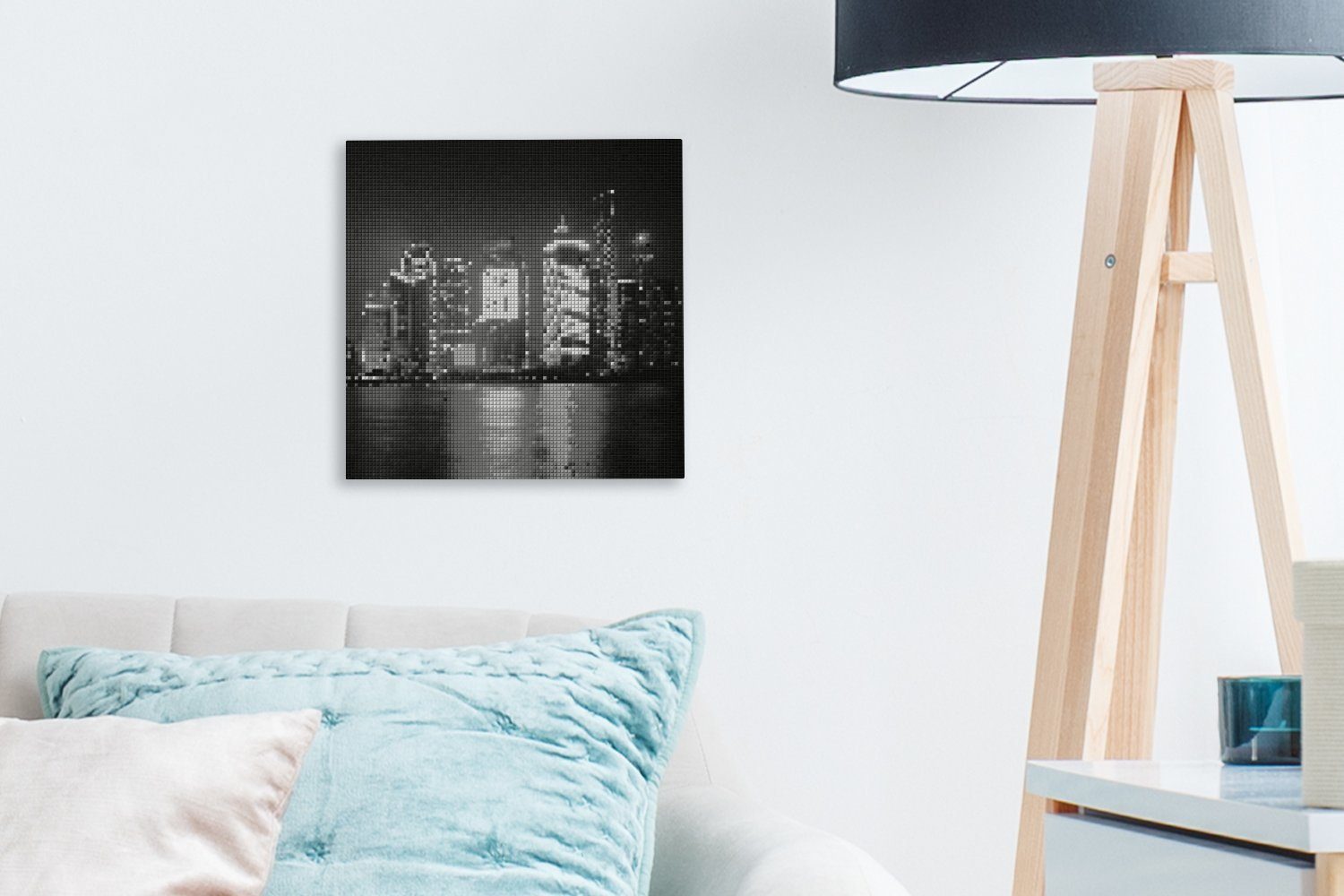 schwarz weiß, Nacht Wohnzimmer Stadt für und Schlafzimmer einer Leinwandbild Mosaikmuster (1 St), bei - OneMillionCanvasses® Bilder Leinwand