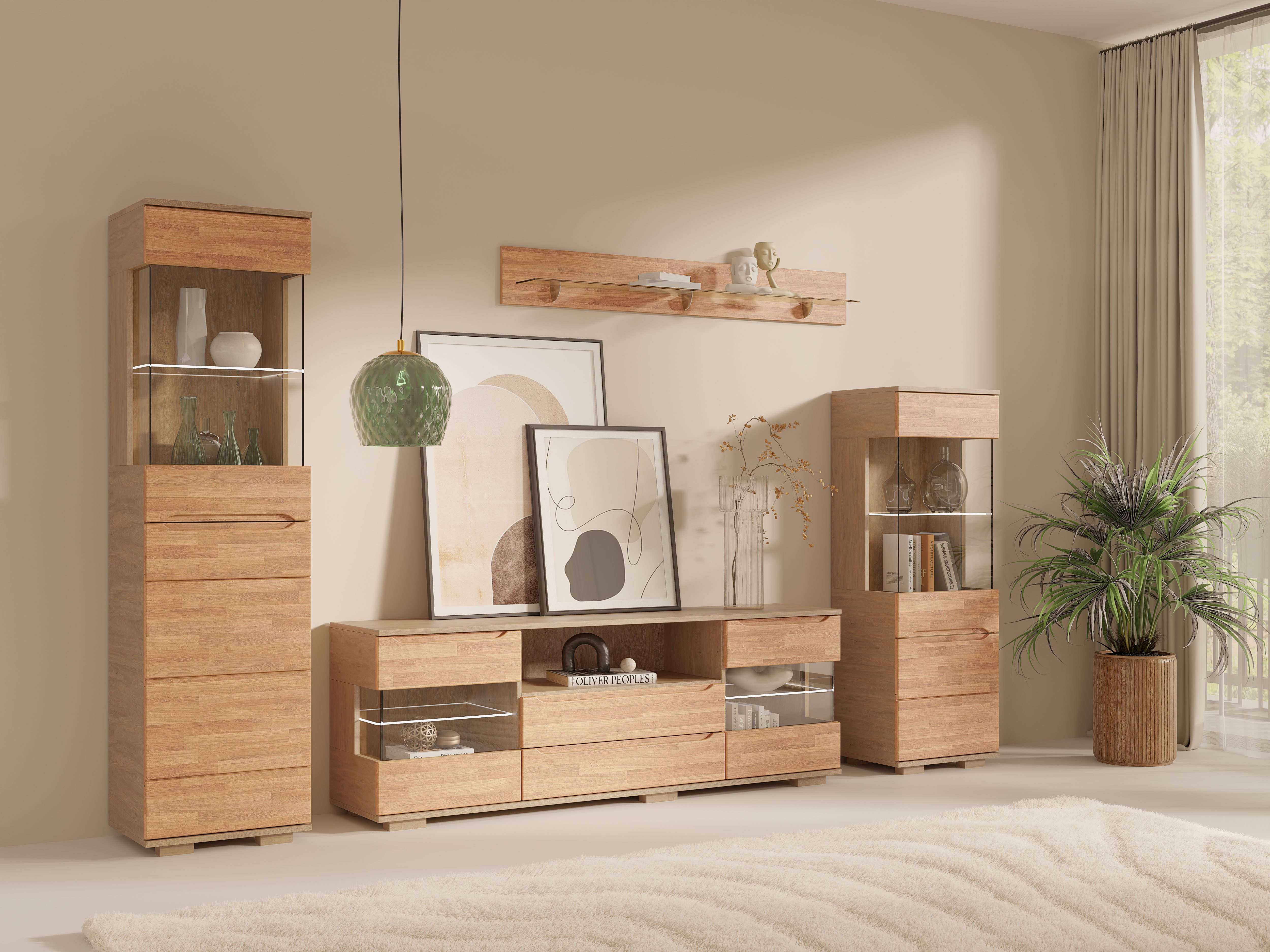 OTTO home Wohnwand VETRO Einlegeboden verstellbar,Kabeldurchführung,Wohnzimmer,Schubladen, (4-St), Wohnwand Set4St,280cm Breit,dekorative Glasel.,Stauraum,Fronten Massiv