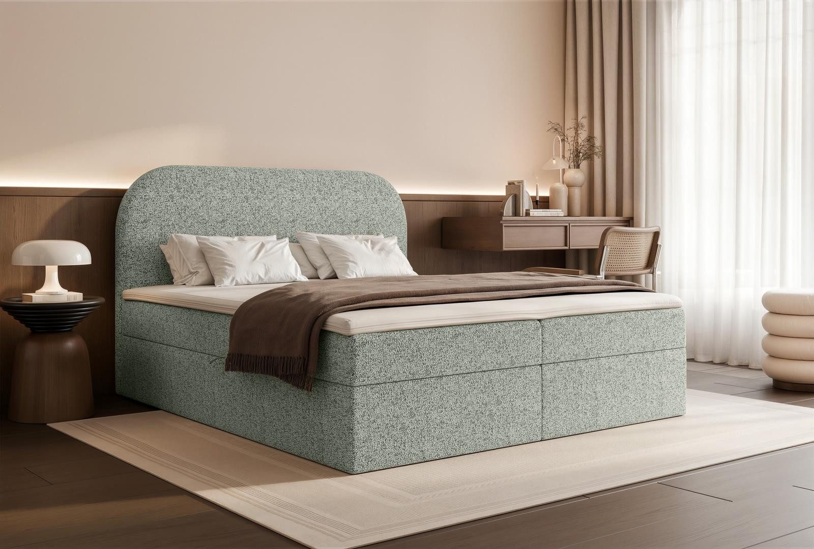 Compleo Boxspringbett Doppelbett, Topper als Option, gepolstertes Kopfteil mit Bettkasten, Zur Auswahl: Bonell oder Taschenfederkern