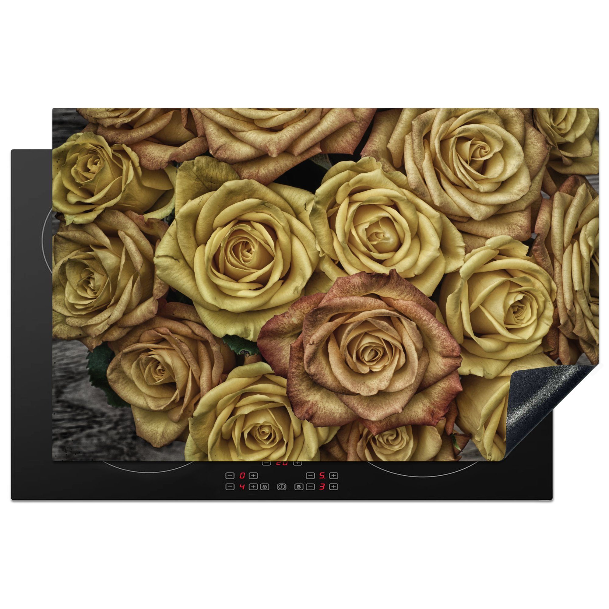 MuchoWow Herdblende-/Abdeckplatte Rosen - Gold - Braun - Blumenstrauß, Vinyl, (1 tlg), 81x52 cm, Induktionskochfeld Schutz für die küche, Ceranfeldabdeckung