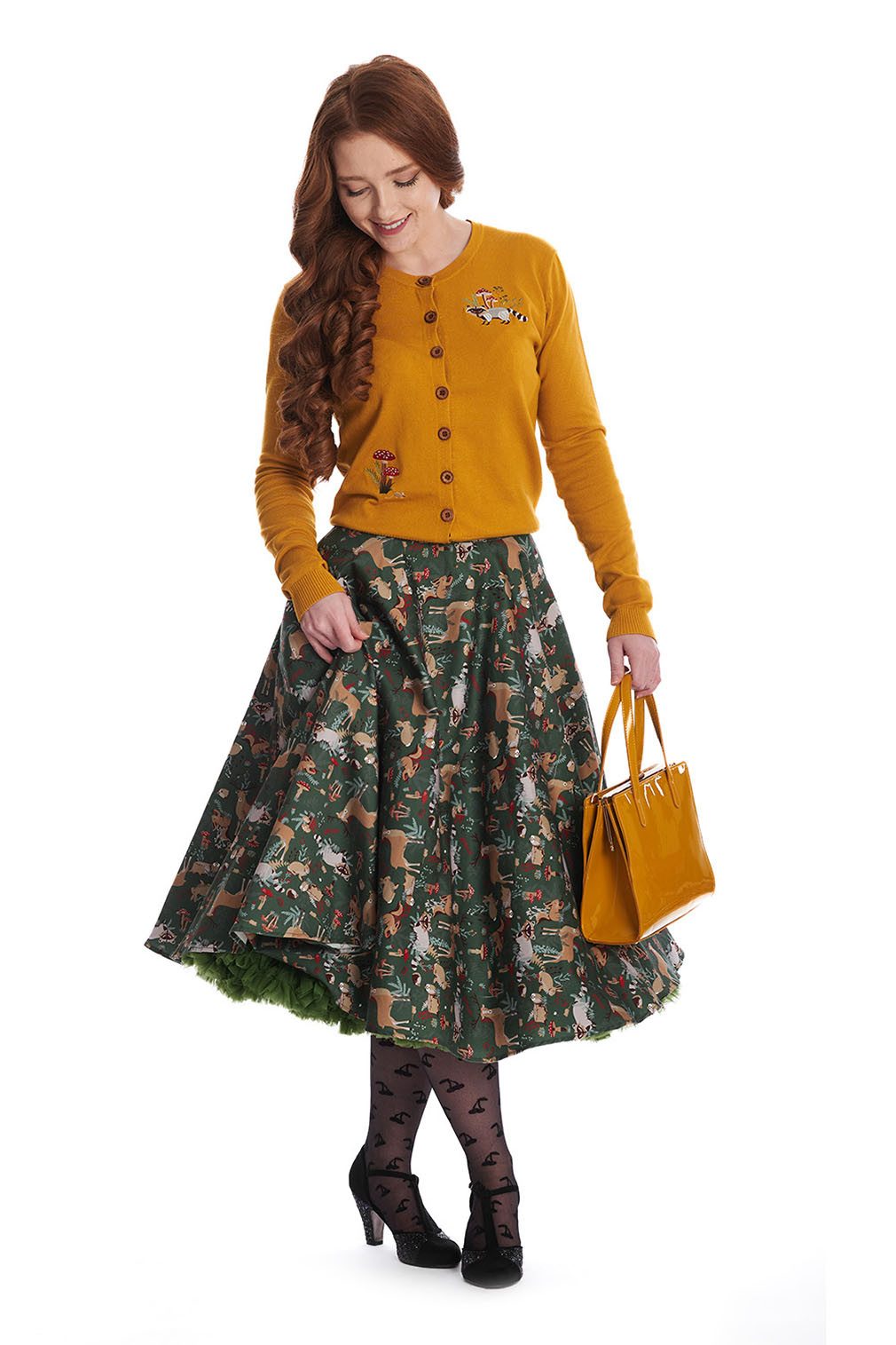 Banned Strickjacke Woodland Mushrooms Cardigan Senfgelb Vintage Waschbär