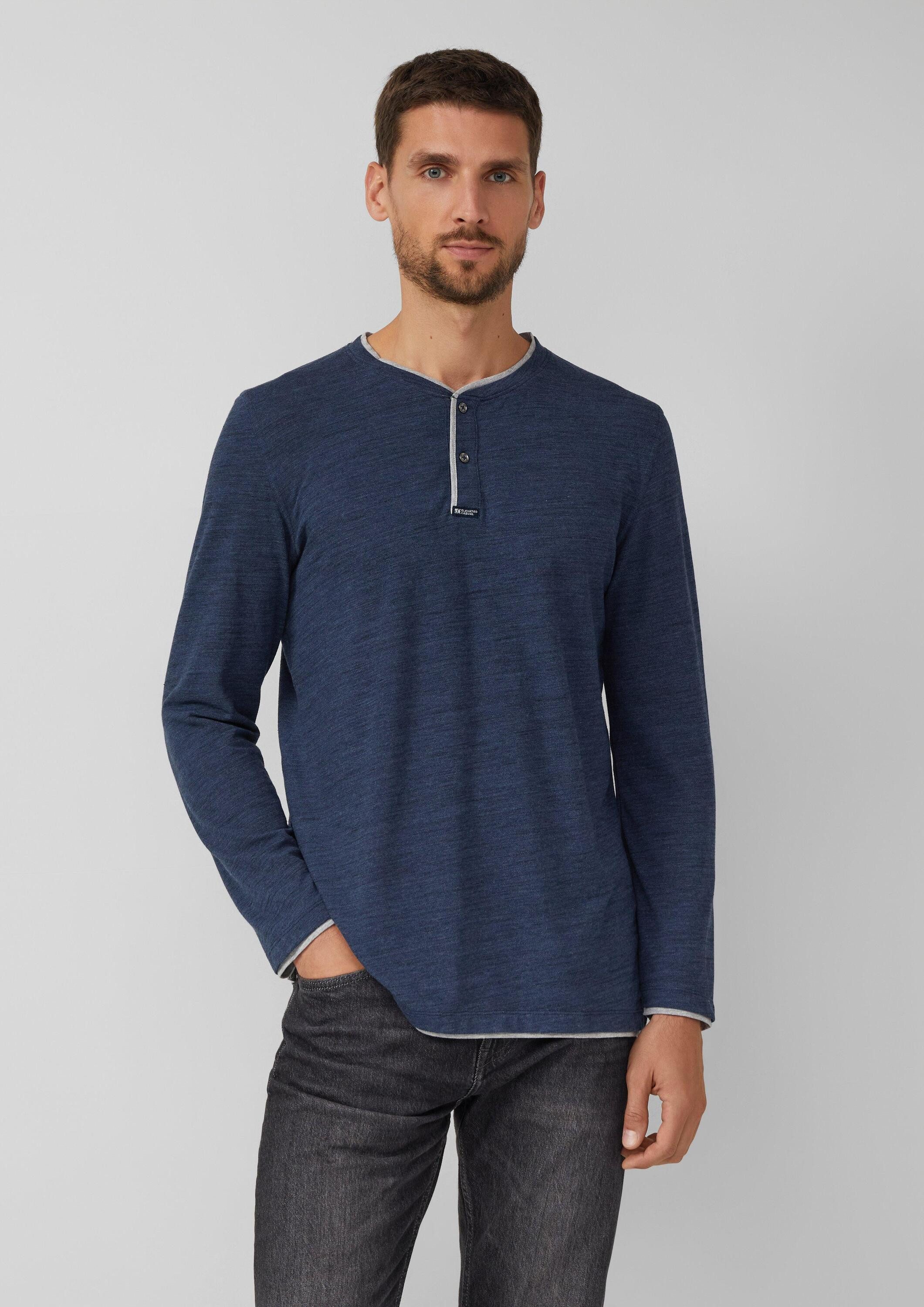 s.Oliver Langarmshirt T-Shirt Meliertes Piqué-Henleyshirt mit Kontrast-Details